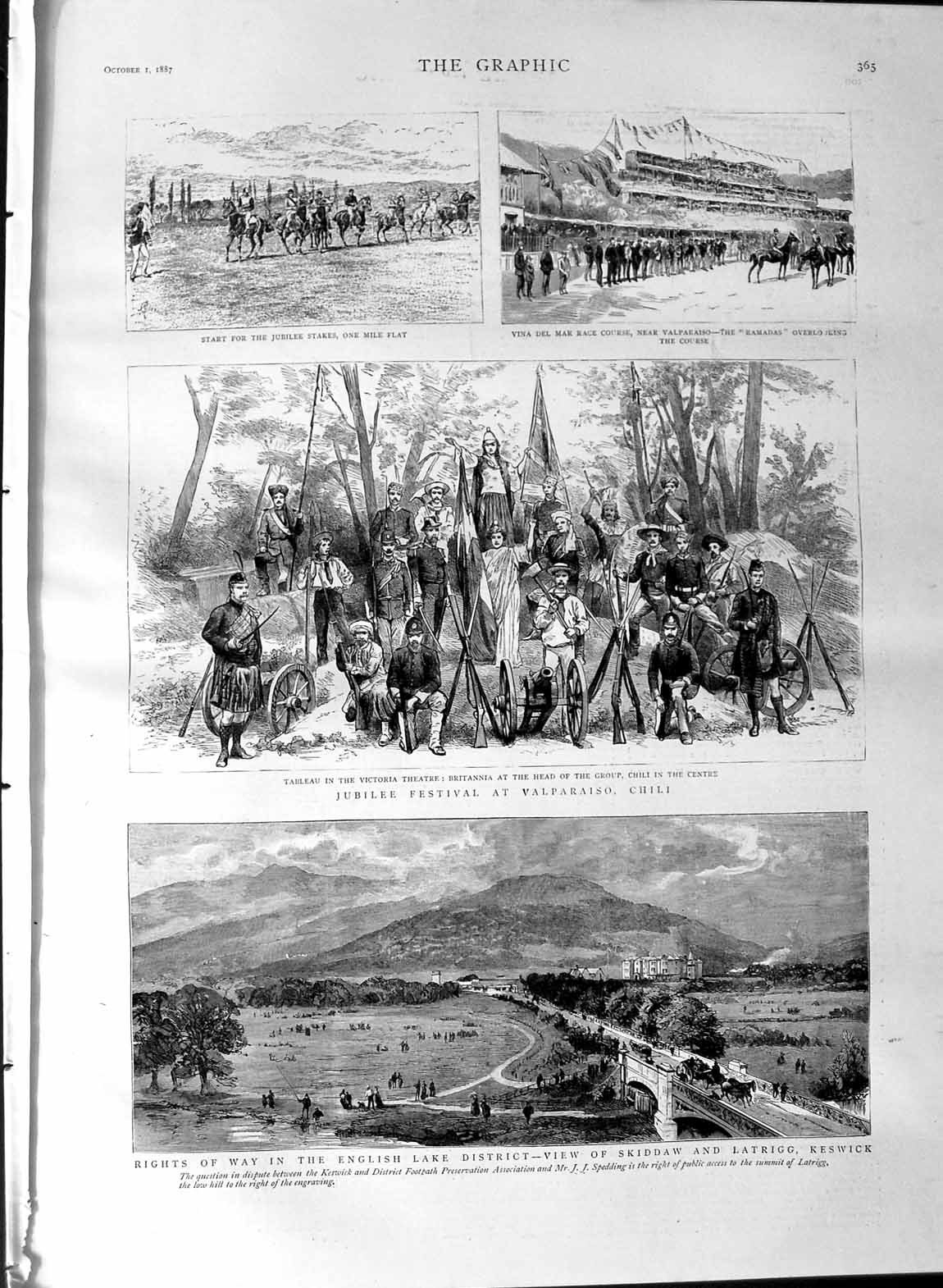 Original Old Antique Print 1887 Lake District Skiddaw Keswick Chili Valparaiso