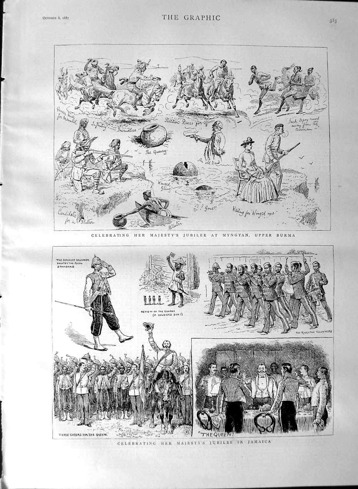 Original Old Antique Print 1887 Queen Jubilee Jamaica Myngyan Burma Siers Horse