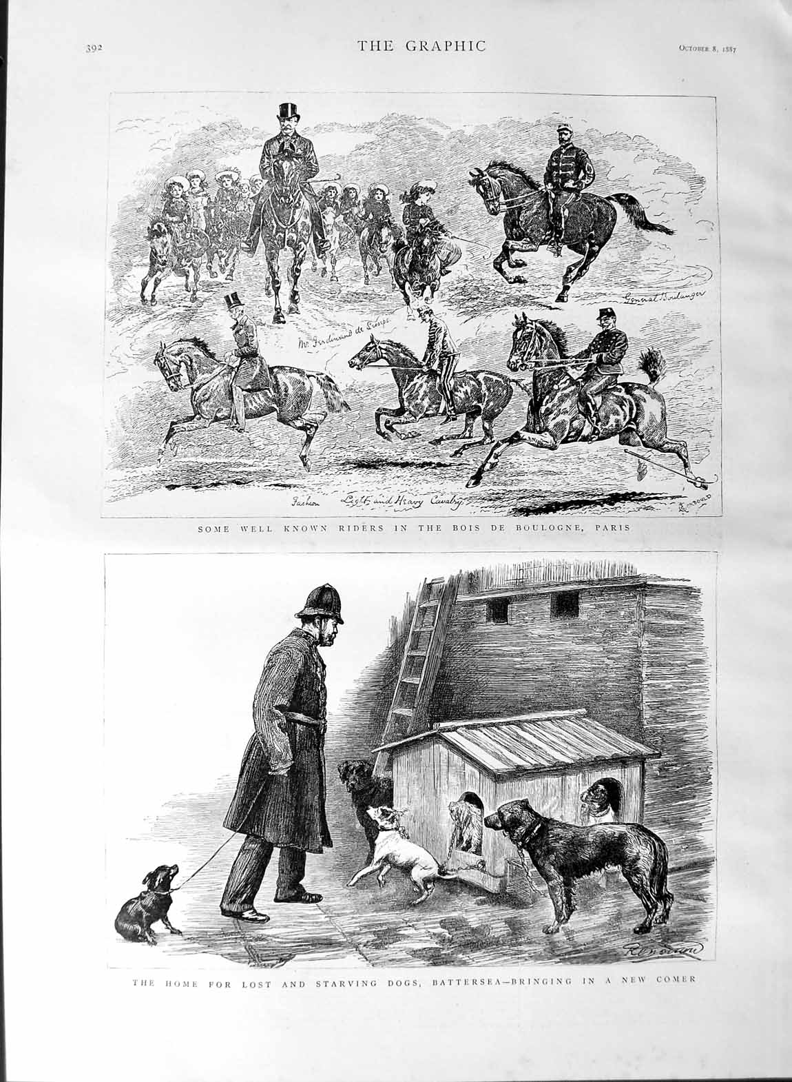 Original Old Antique Print 1887 Horse Riders Bois Boulogne Paris Battersea Dogs