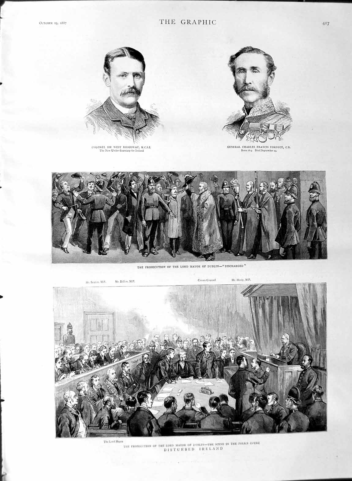 Old Antique Print 1887 Colonel Ridgeway Fordyce Mayor Dublin Police Court 19th