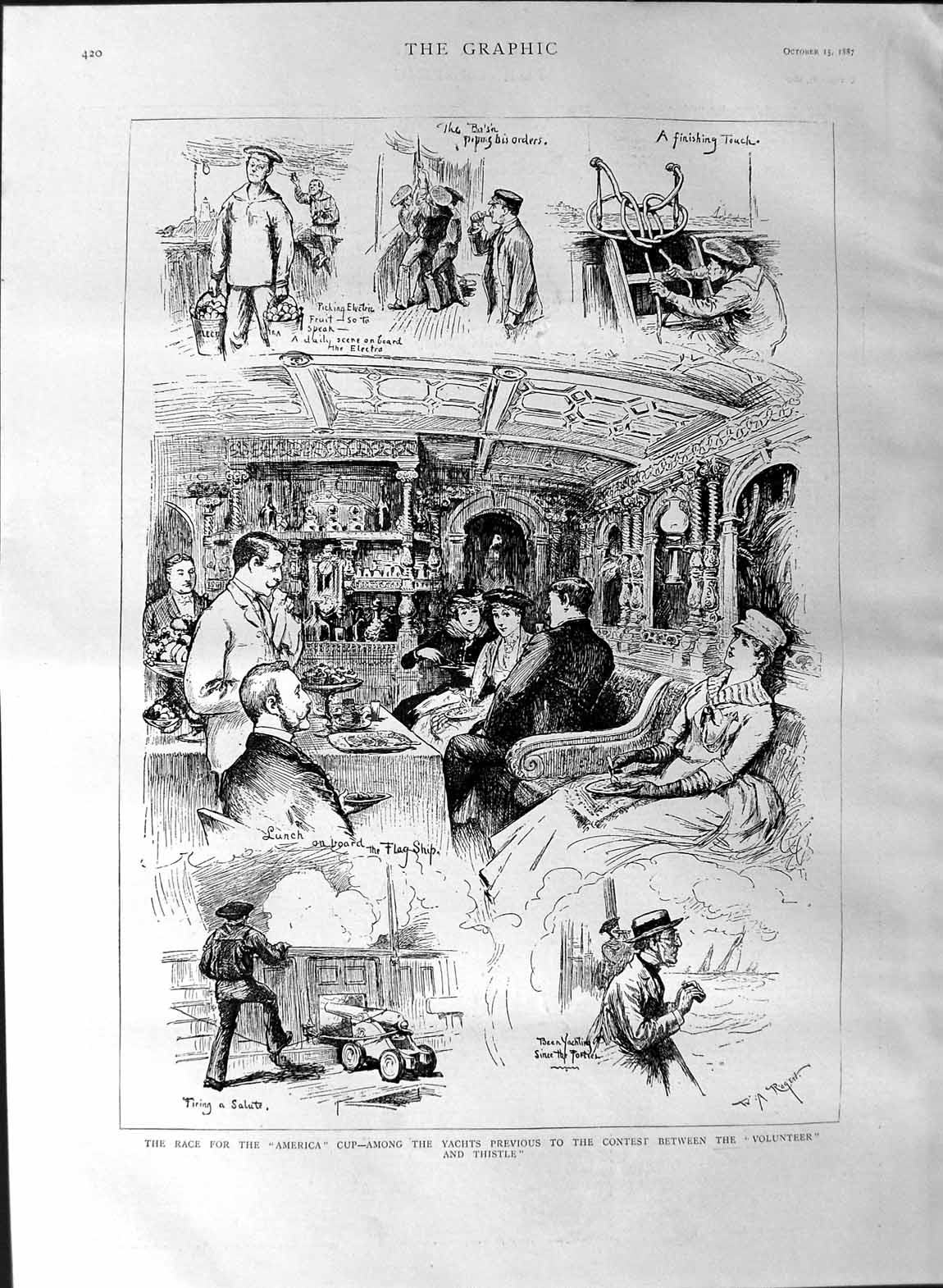 Original Old Antique Print 1887 America Cup Yacht Race Volunteer Thistle Sport