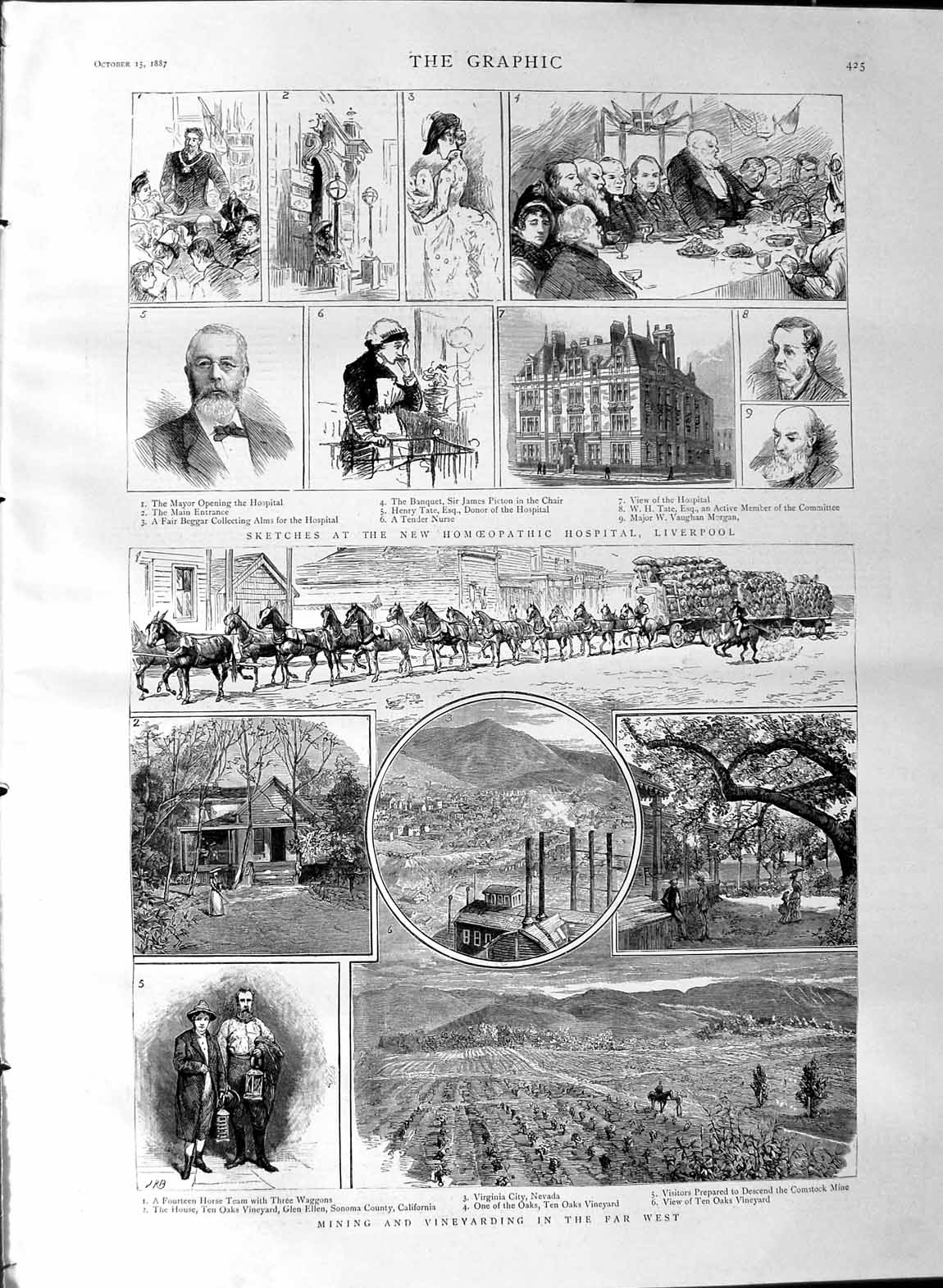 Original Old Antique Print 1887 Mining Vineyard California Hospital Li Victorian