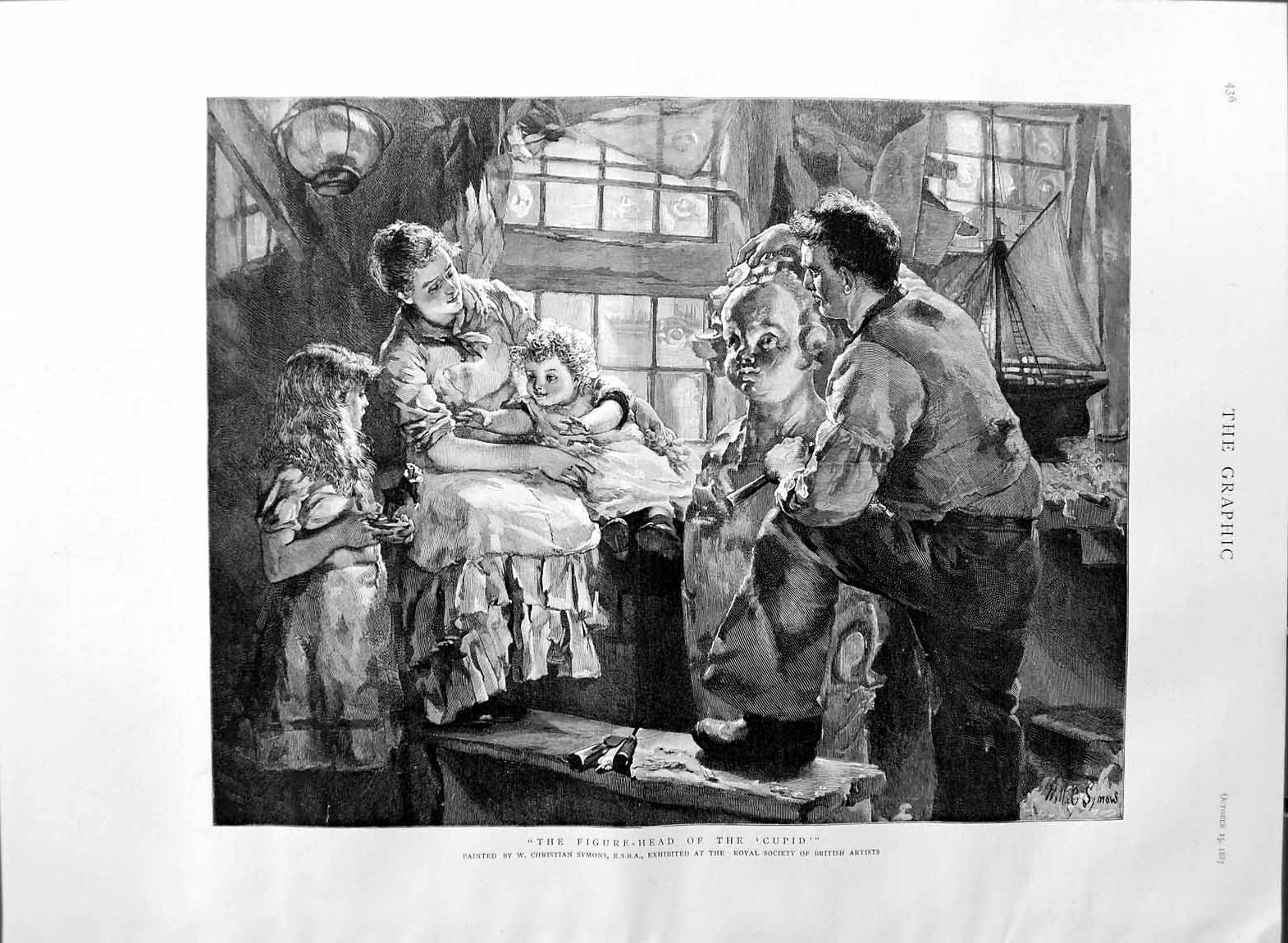 Original Old Antique Print 1887 Christian Symons Art Man Cupid Sculpture Artist