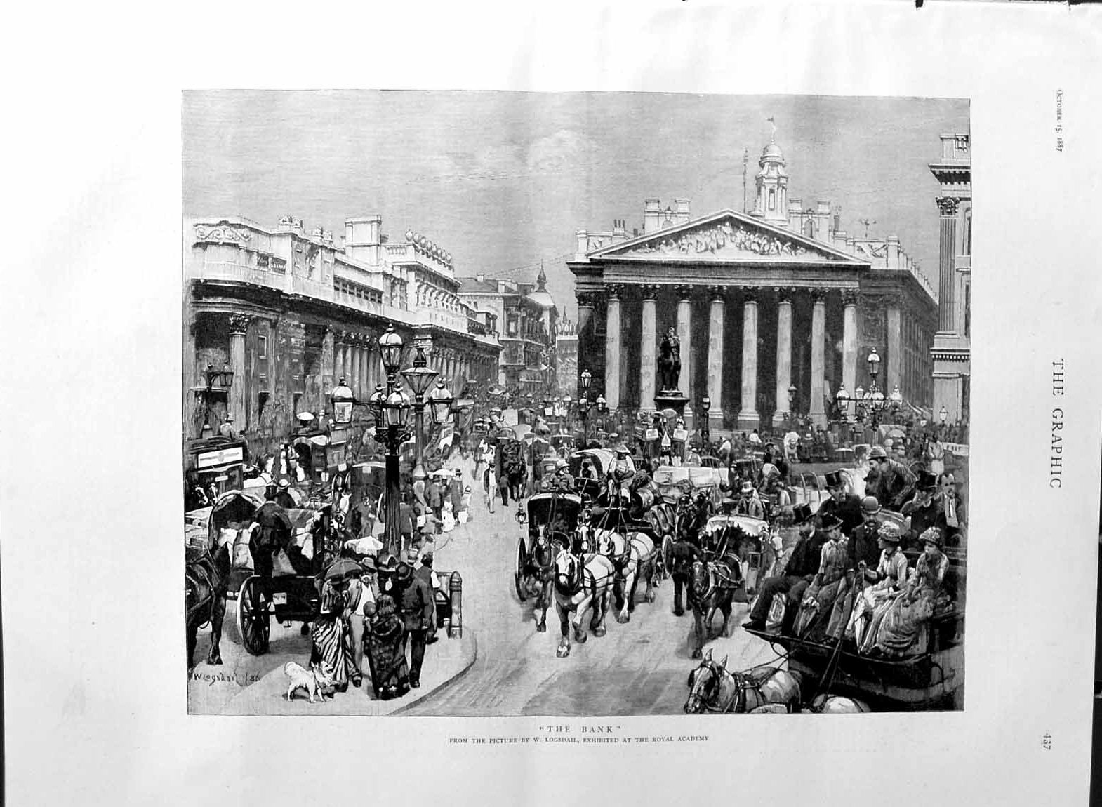 Original Old Antique Print 1887 Street Scene Bank Building London Logsdail Art