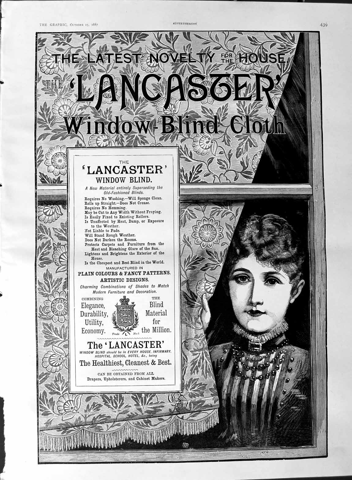 Original Old Antique Print 1887 Advertisement Lancaster Window Blind Cloth 19th