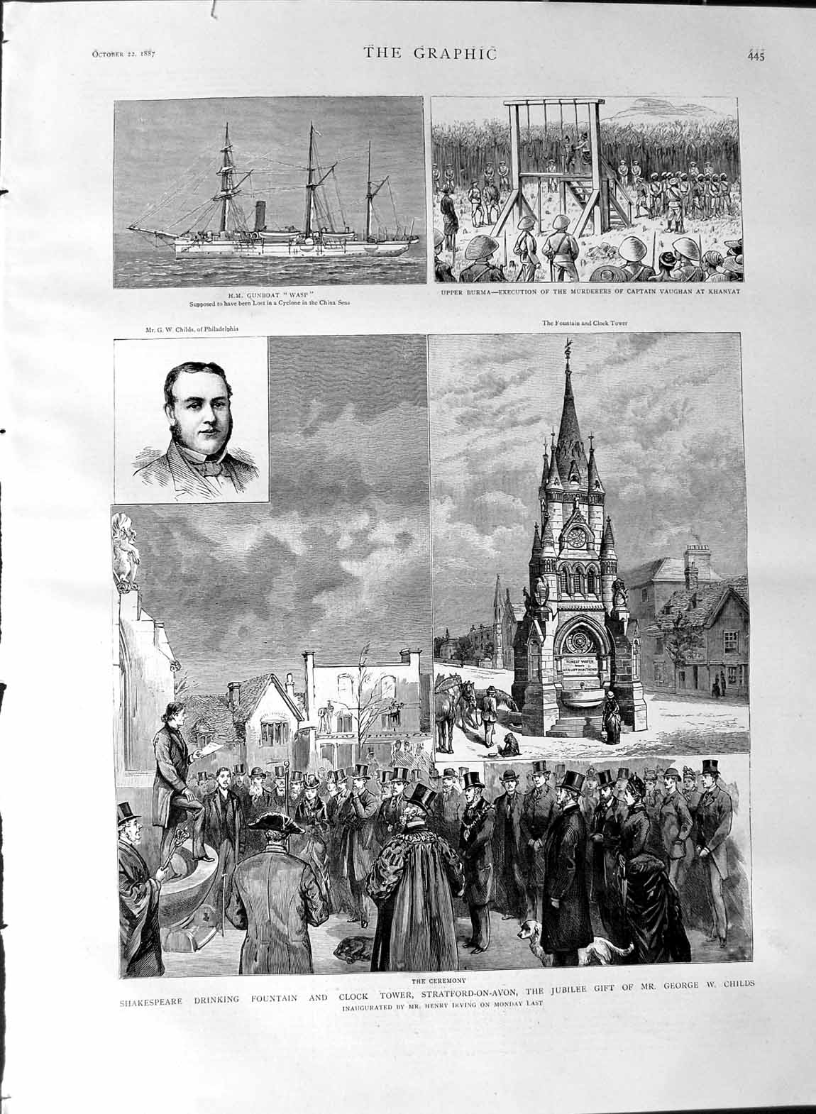 Old Antique Print 1887 Childs Gunboat Wasp Shakespeare Stratford-On-Avon 19th