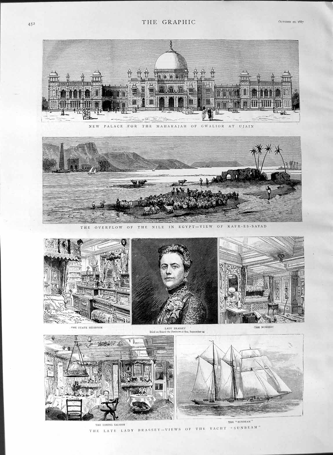 Old Antique Print 1887 Brassey Yacht Sunbeam Gwalior Ujain Kafr-Es-Sayad 19th