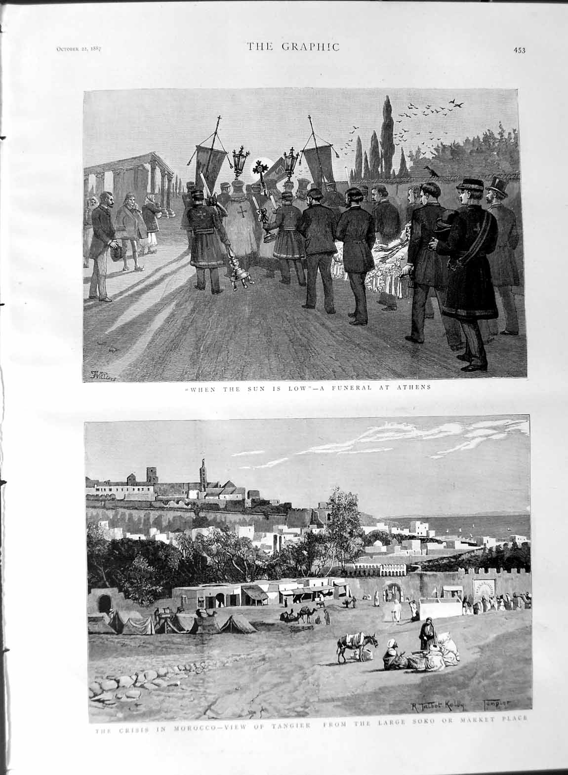 Original Old Antique Print 1887 Funeral Athens Morocco Tangier Soko Marke 19th