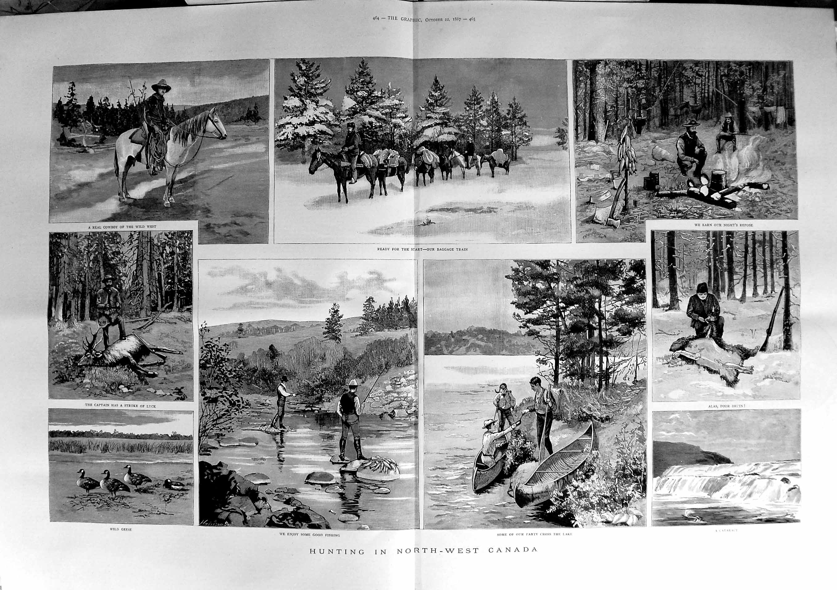 Old Antique Print 1887 Hunting Canada Fishing Cowboy Wild Geese Horses 19th
