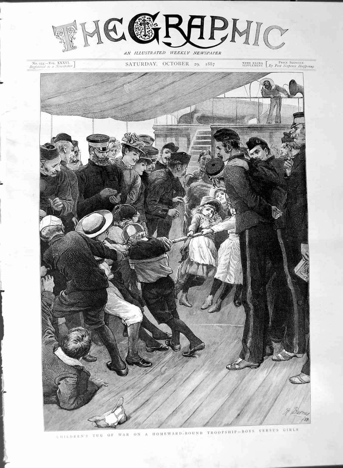 Original Old Antique Print 1887 Children'S Tug War Troopship Boys Gir Victorian