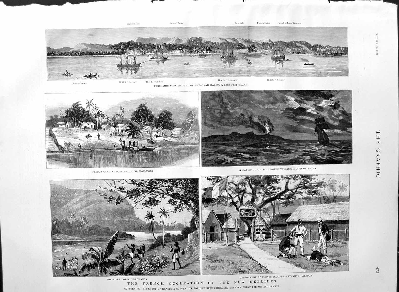 Original Old Antique Print 1887 Havannah Harbour Sandwich Island Hebride 19th