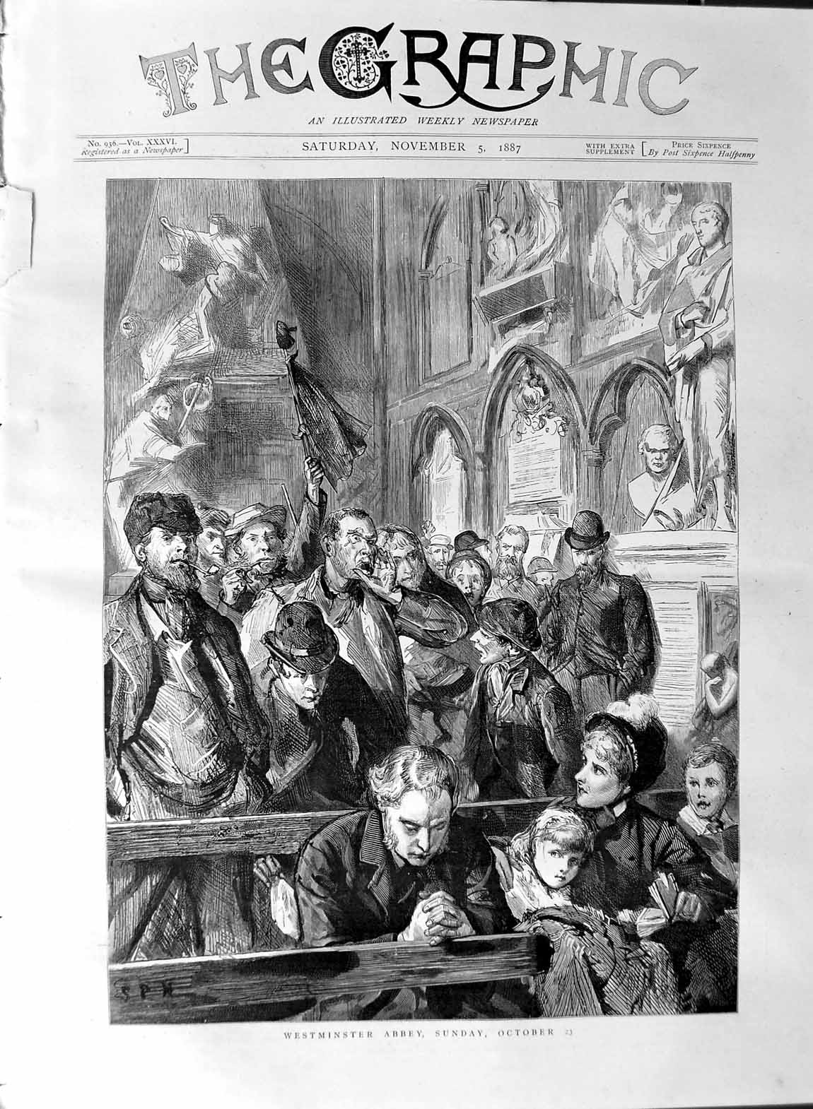Original Old Antique Print 1887 Scene Inside Westminster Abbey Sunday Service