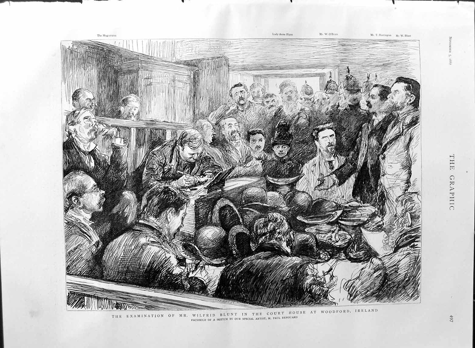 Original Old Antique Print 1887 Wilfred Blunt Police Court House Woodford 19th