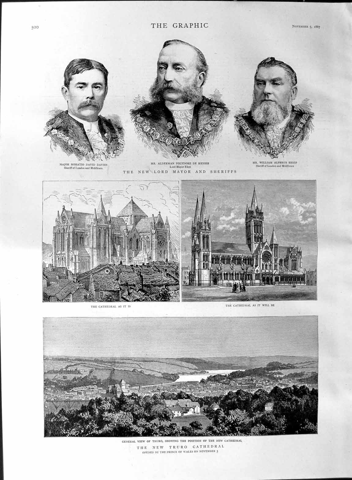 Original Old Antique Print 1887 Truro Cathedral Major Davies Mayor Keyser Higgs