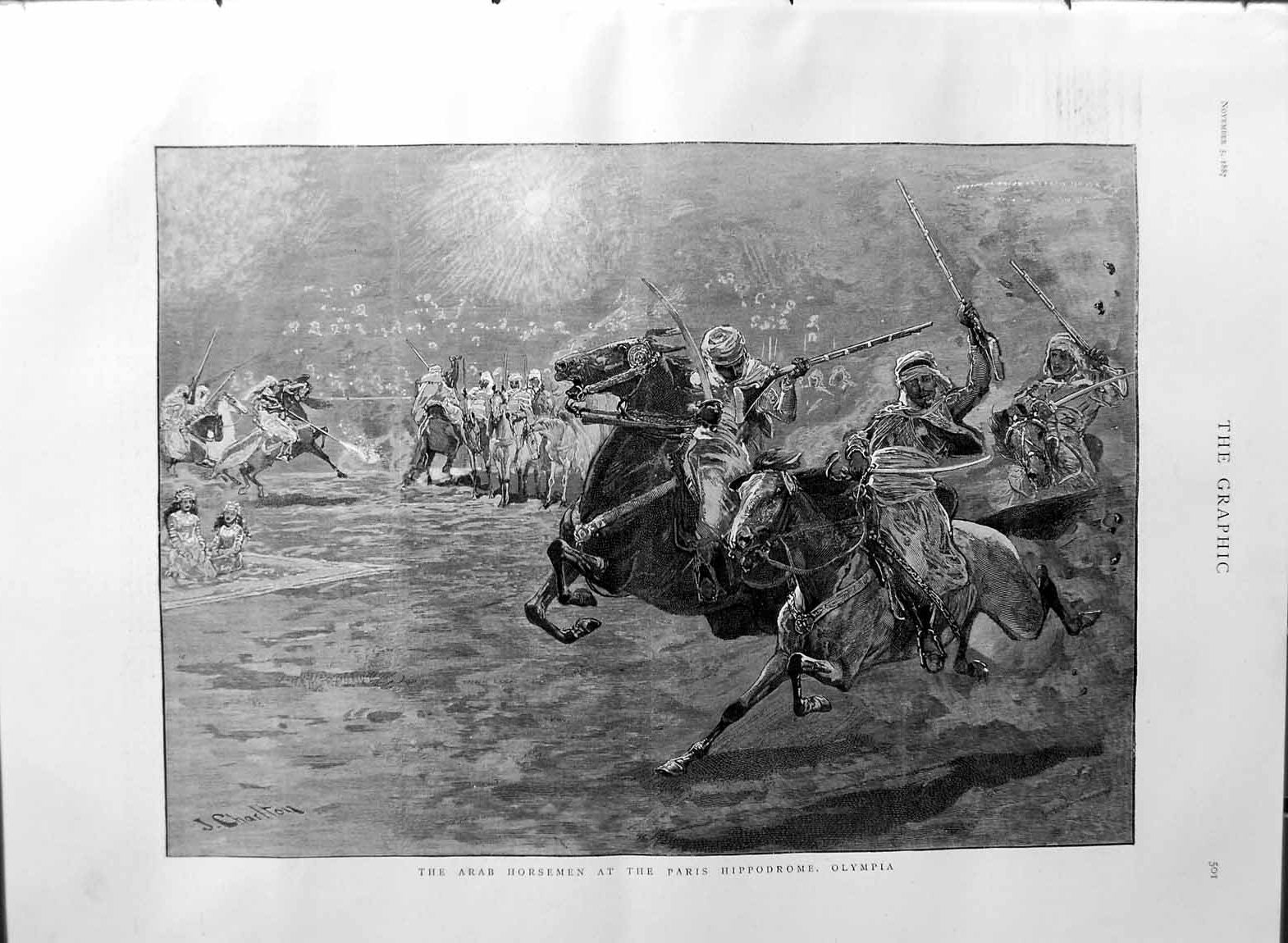 Original Old Antique Print 1887 Arab Horsemen Paris Hippodrome Olympia Fine Art