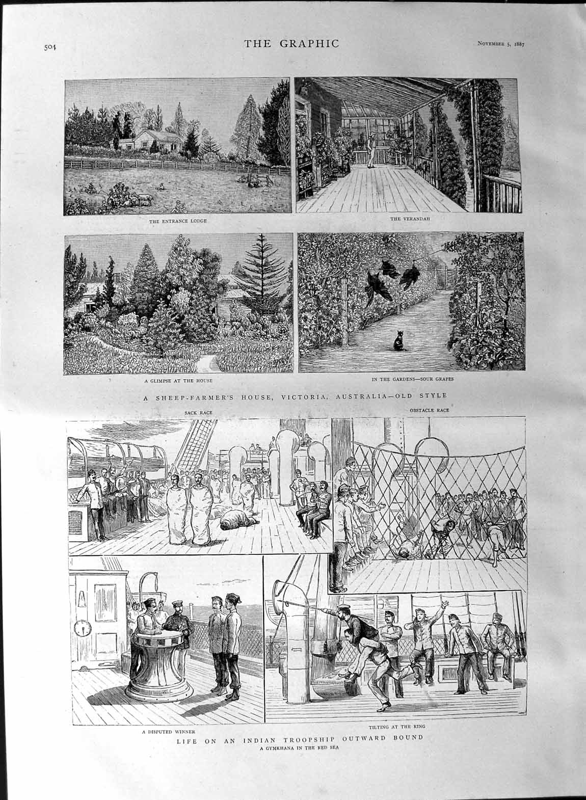 Original Old Antique Print 1887 Indian Troop Ship War Sheep Farmer Australia