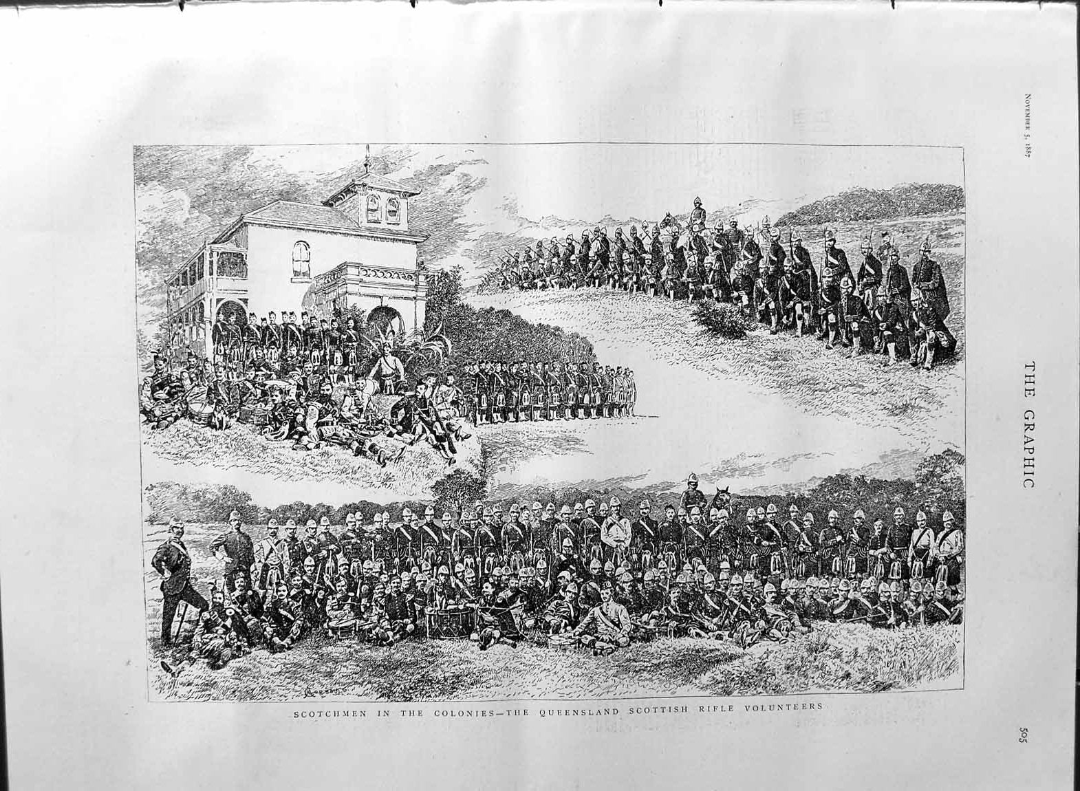 Original Old Antique Print 1887 Scotchmen War Queensland Scottish Rifle Vol 19th