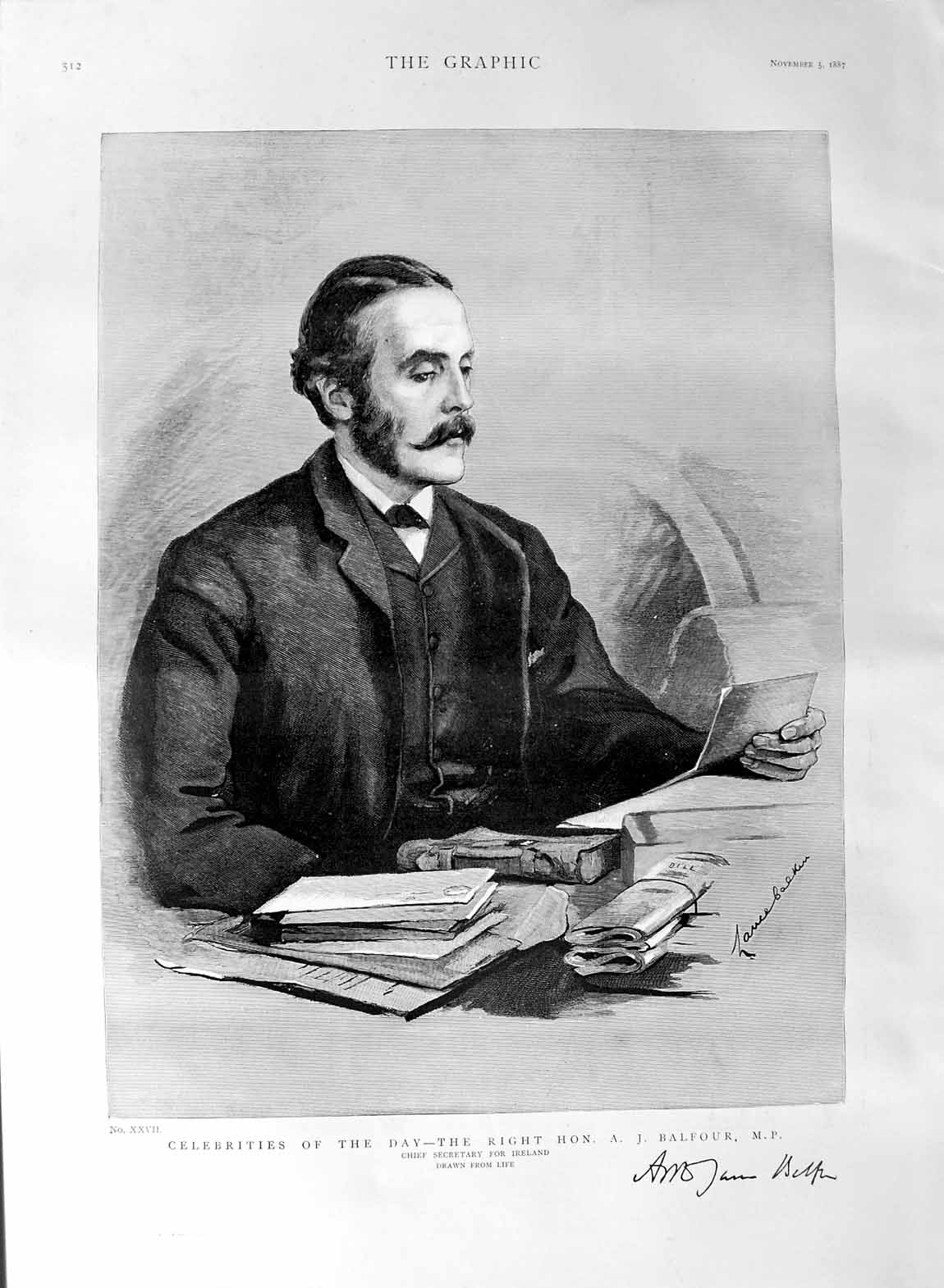 Original Old Antique Print 1887 Portrait Balfour Chief Secretary Ireland M.P