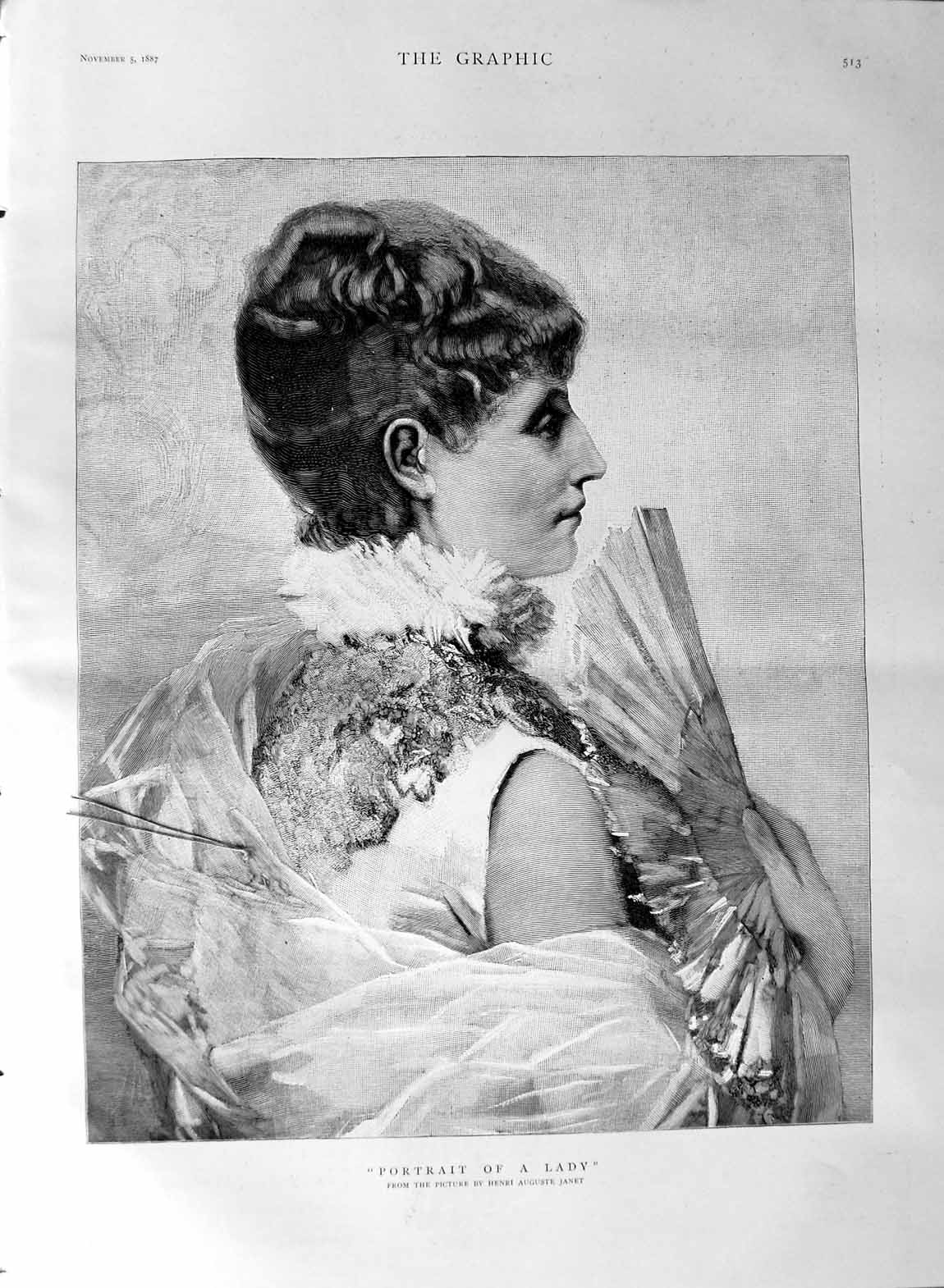 Old Antique Print 1887 Fine Art Henri Auguste Janet Portrait Lady Woman 19th