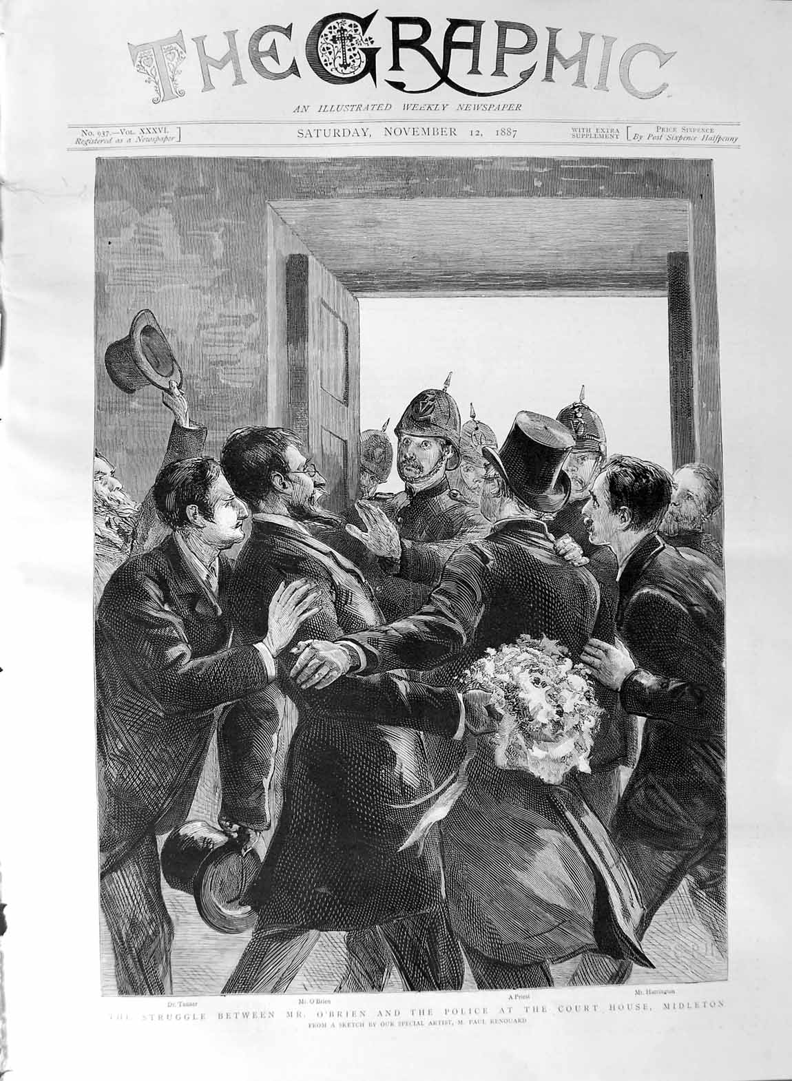 Original Old Antique Print 1887 Police Court Midleton O'Brien Harrington Tanner