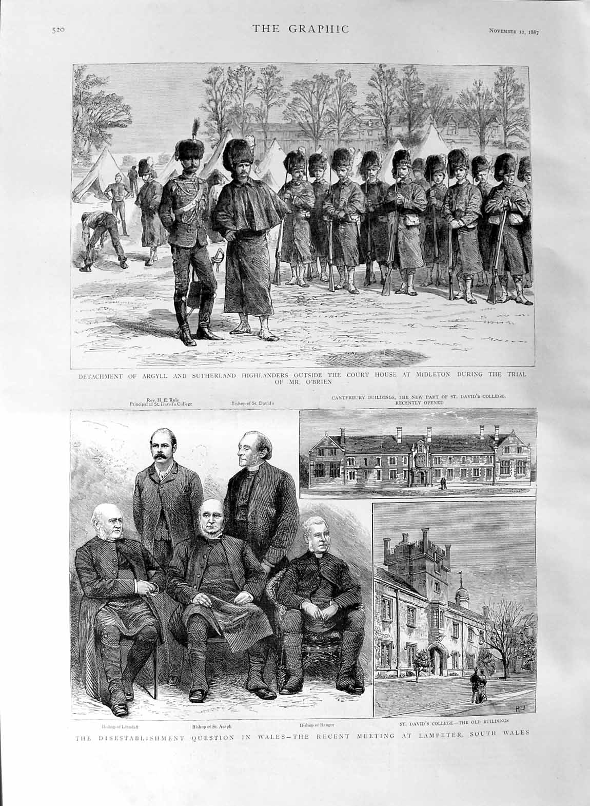 Original Old Antique Print 1887 Lampeter Bishop Bangor Argyll Highlanders M 19th