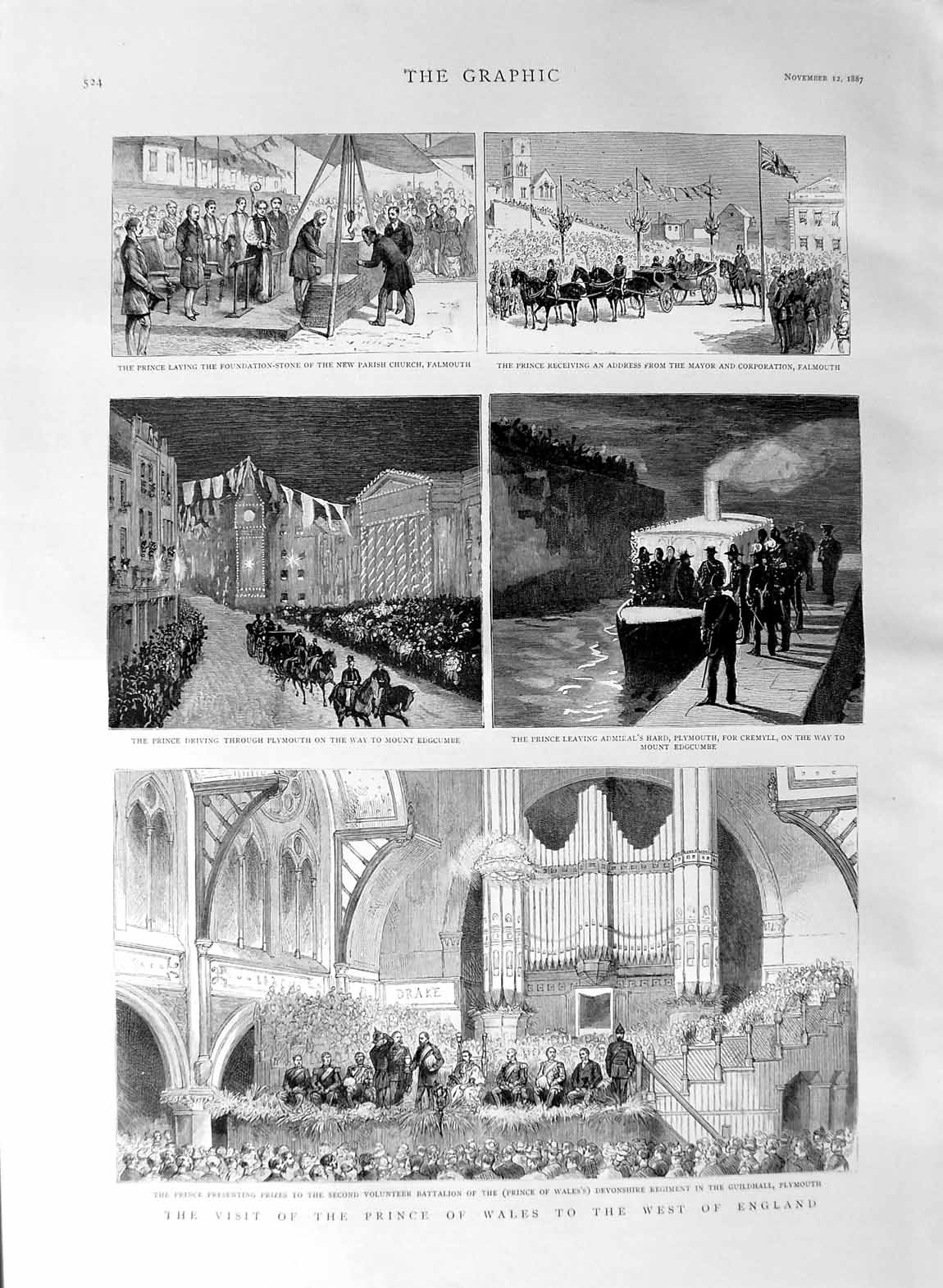 Original Old Antique Print 1887 Prince Wals England Plymouth Falmouth Edgcumbe