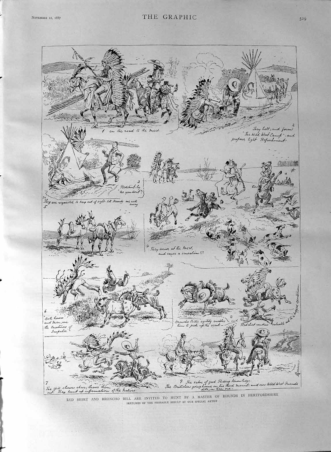 Original Old Antique Print 1887 Red Shirt Bronco Bill Hunting Hounds Hertfo 19th