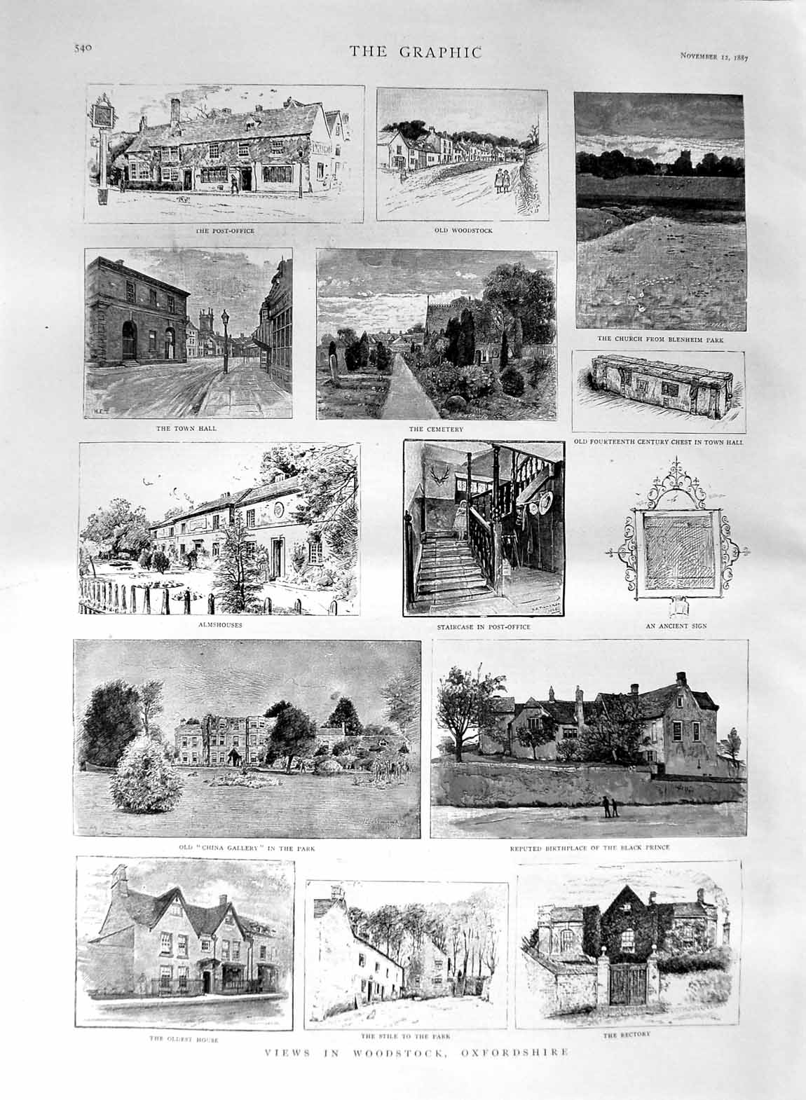 Old Antique Print 1887 Views Woodstock Oxfordshire Black Prince Rectory 19th