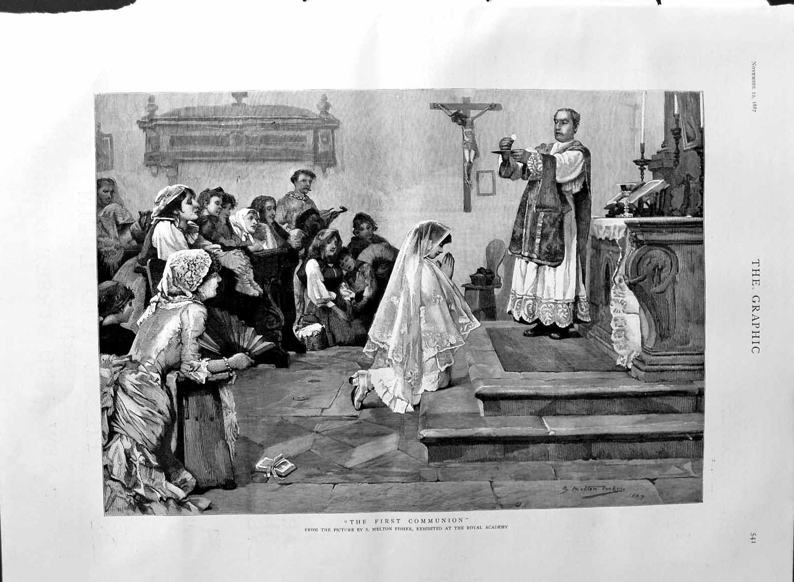 Original Old Antique Print 1887 Fine Art First Communion Young Girl Church 19th