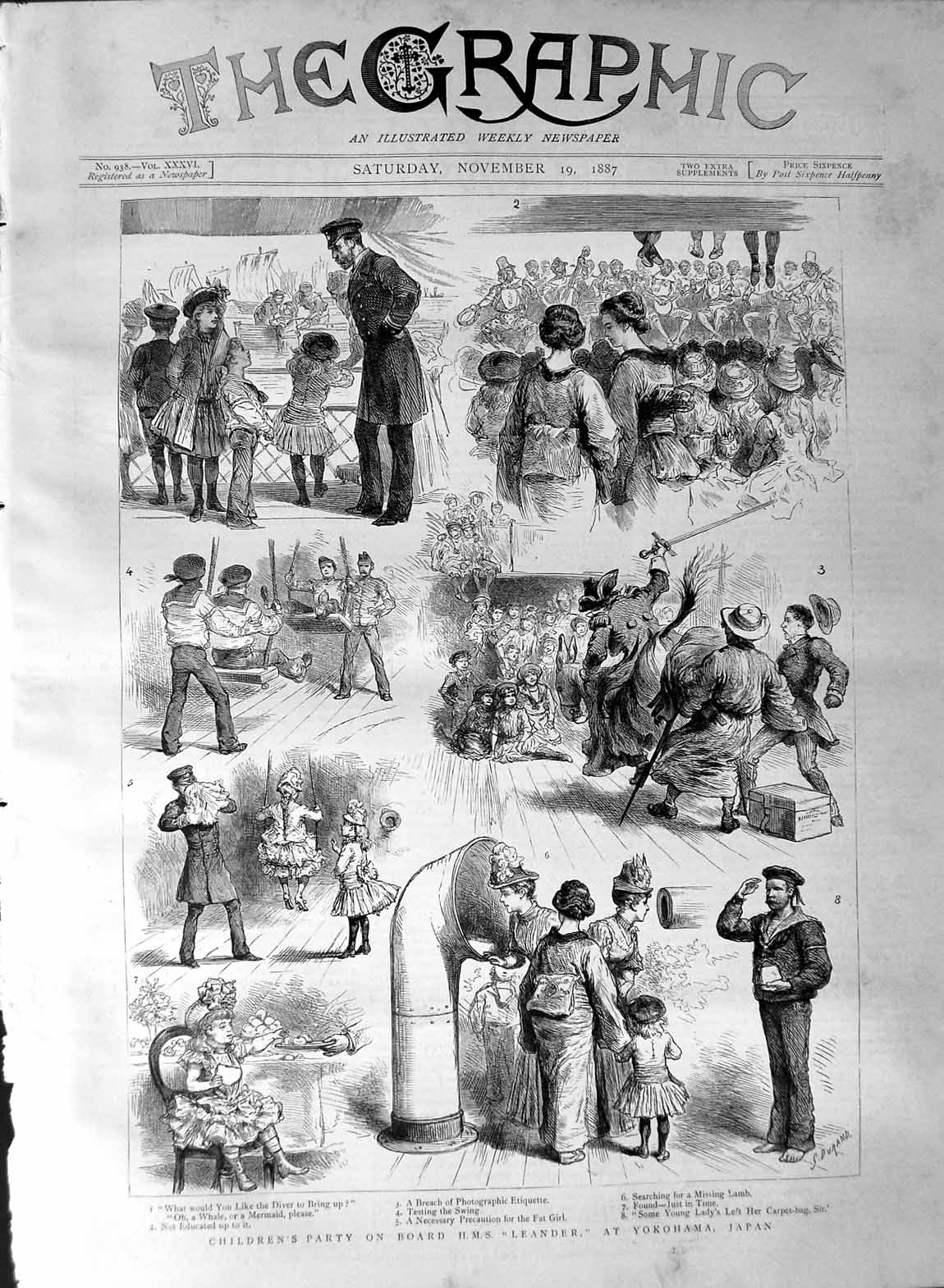 Original Old Antique Print 1887 Children'S Party Ship H.M.S Leander Yokoham 19th