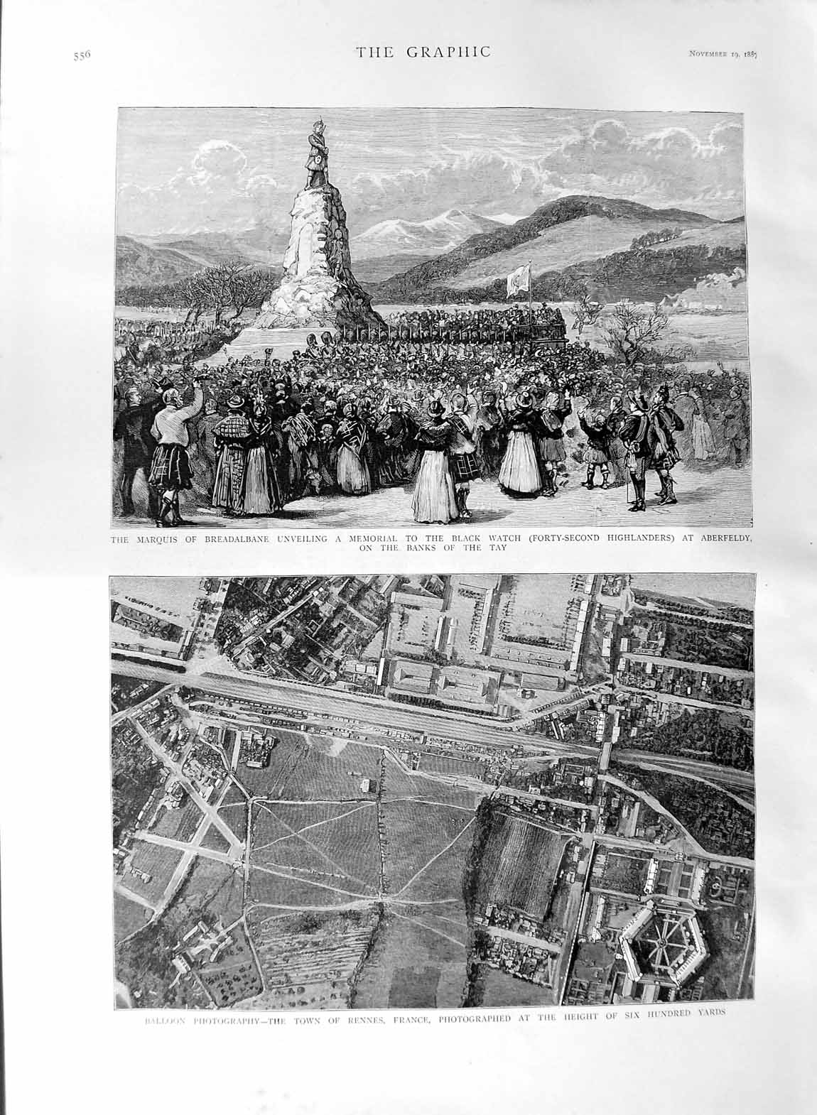 Original Old Antique Print 1887 Aerial View Rennes Franc Aberfeldy Tay Blac 19th