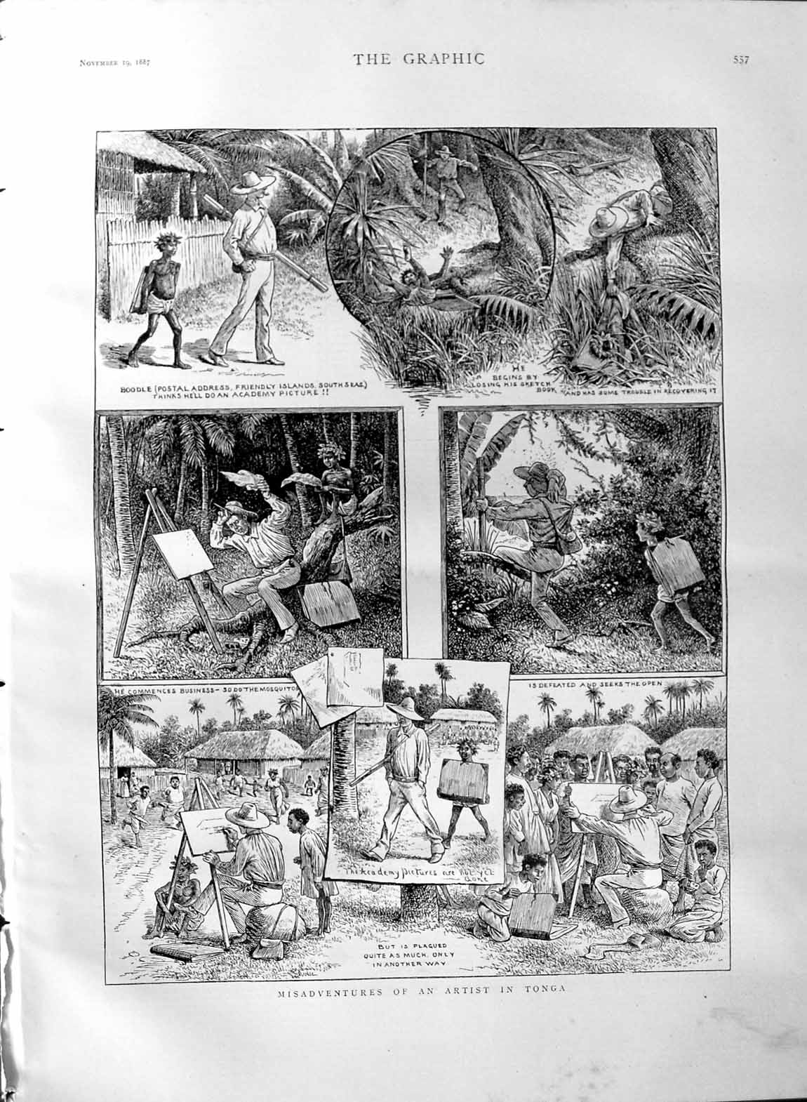 Original Old Antique Print 1887 Scenes Misadventures Artist Tonga Natives 19th
