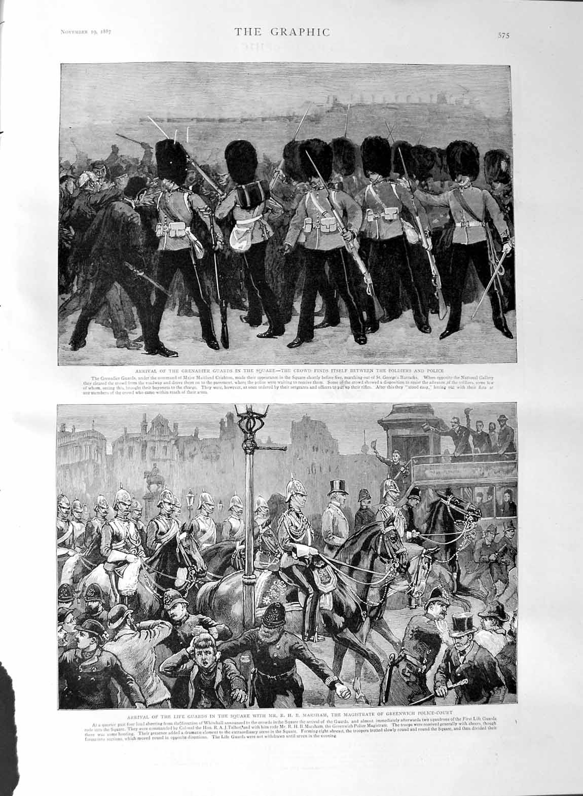 Original Old Antique Print 1887 Grenadier Guards Police Court Marsham Hospital