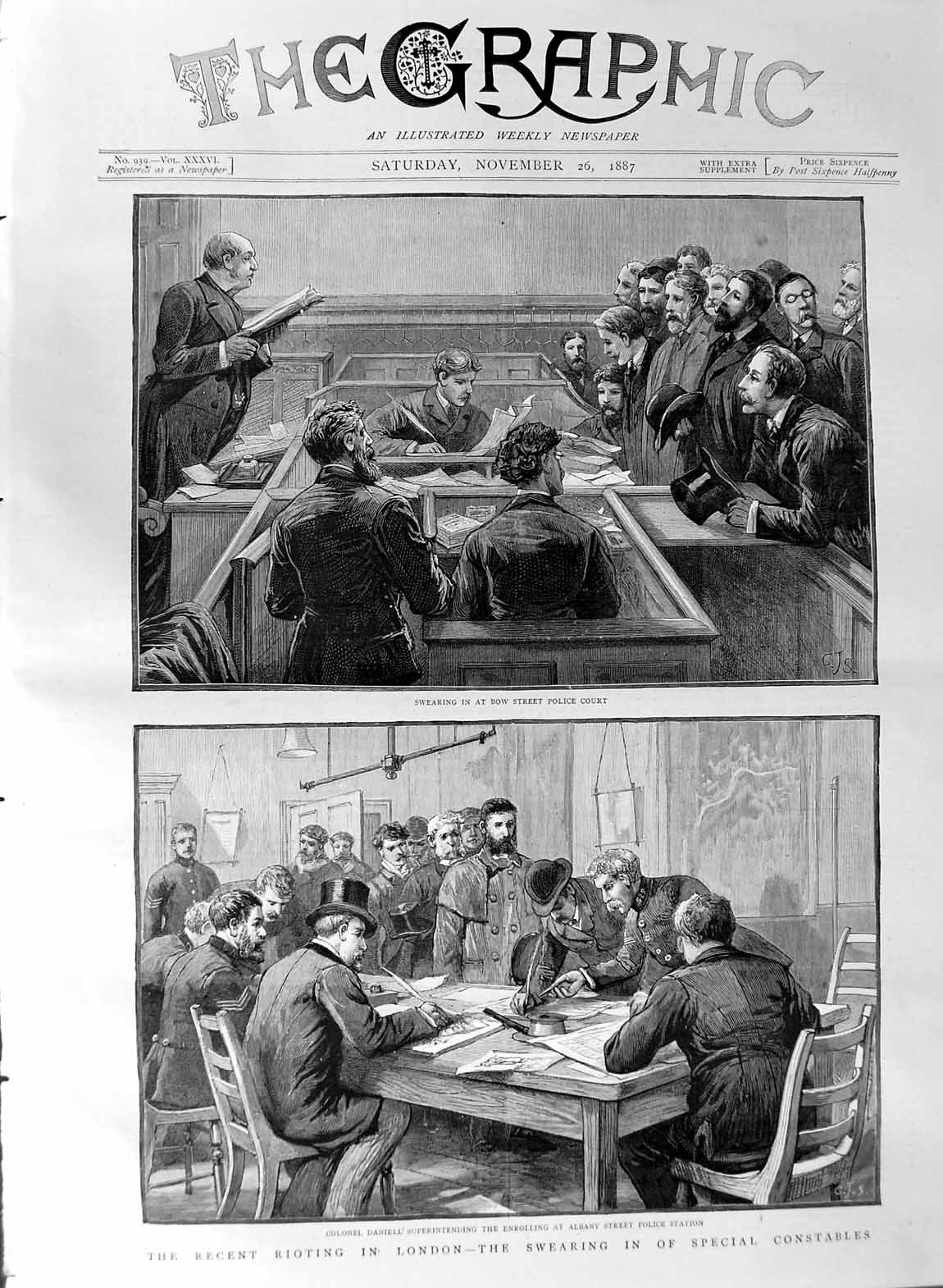 Original Old Antique Print 1887 Rioting London Bow Street Police Court 19th