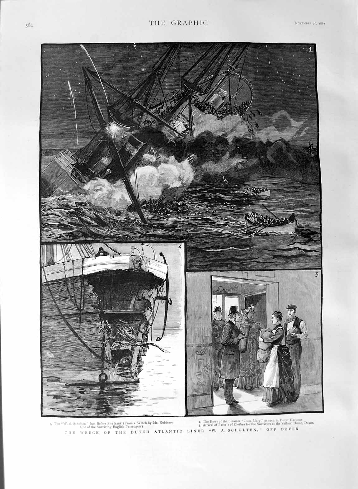 Old Antique Print 1887 Ship Wreck Dutch Atlantic Ship Dover Scholten Mary 19th