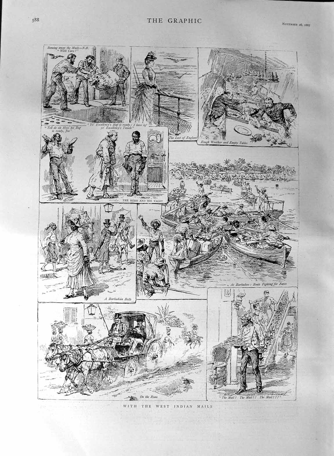 Original Old Antique Print 1887 Wst Indian Mails Post Mail Letters Boats Roaa