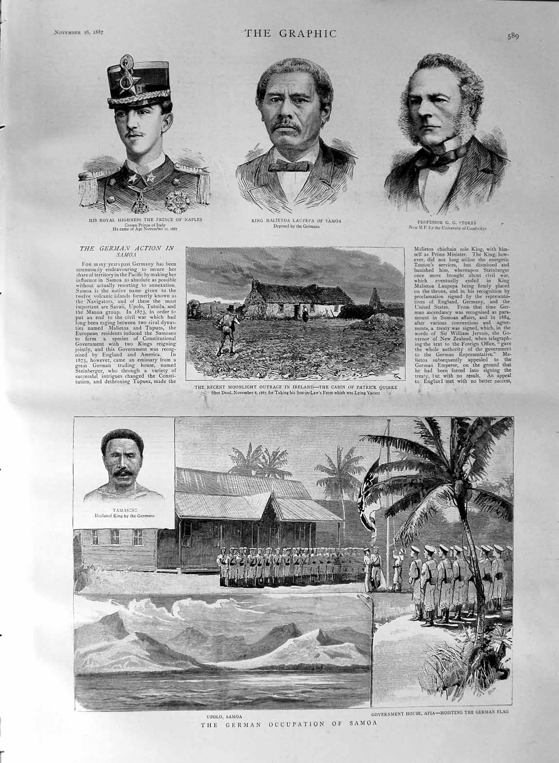 Old Antique Print 1887 Samoa Apia Tamasese Laupepa Stokes Prince Naples 19th