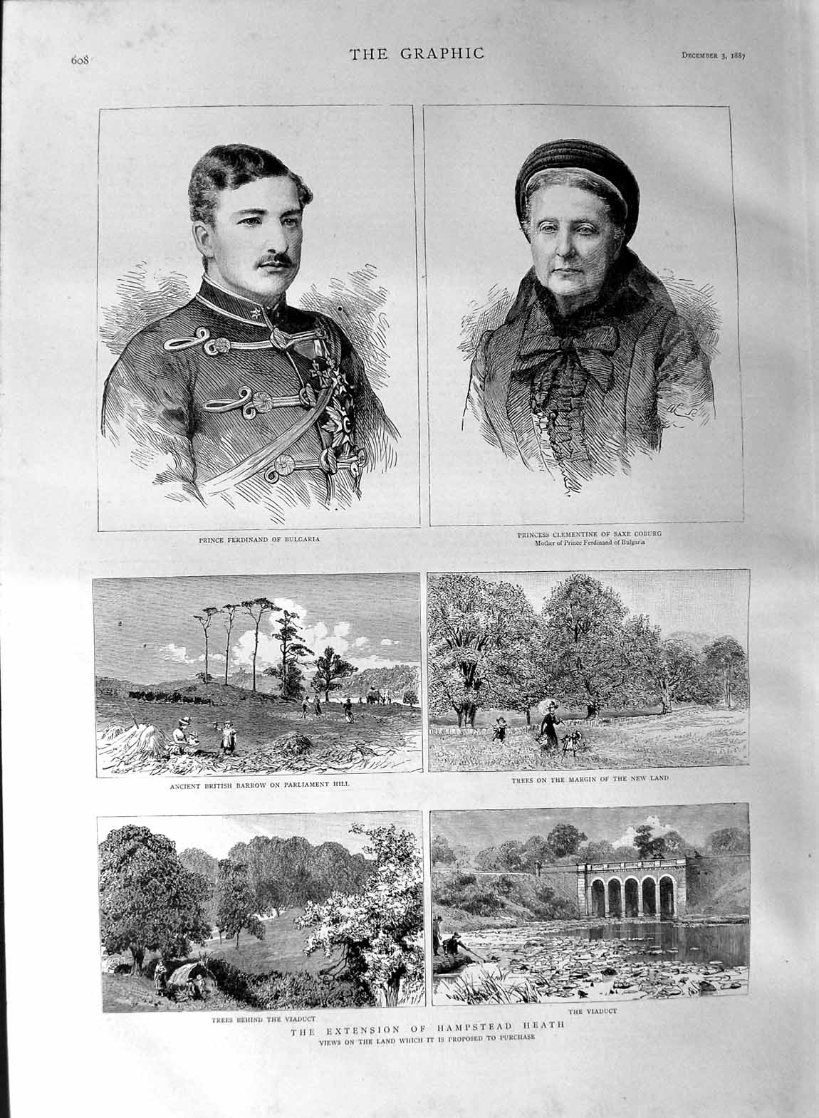 Original Old Antique Print 1887 Hampstead Heath Prince Bulgaria Princess 19th