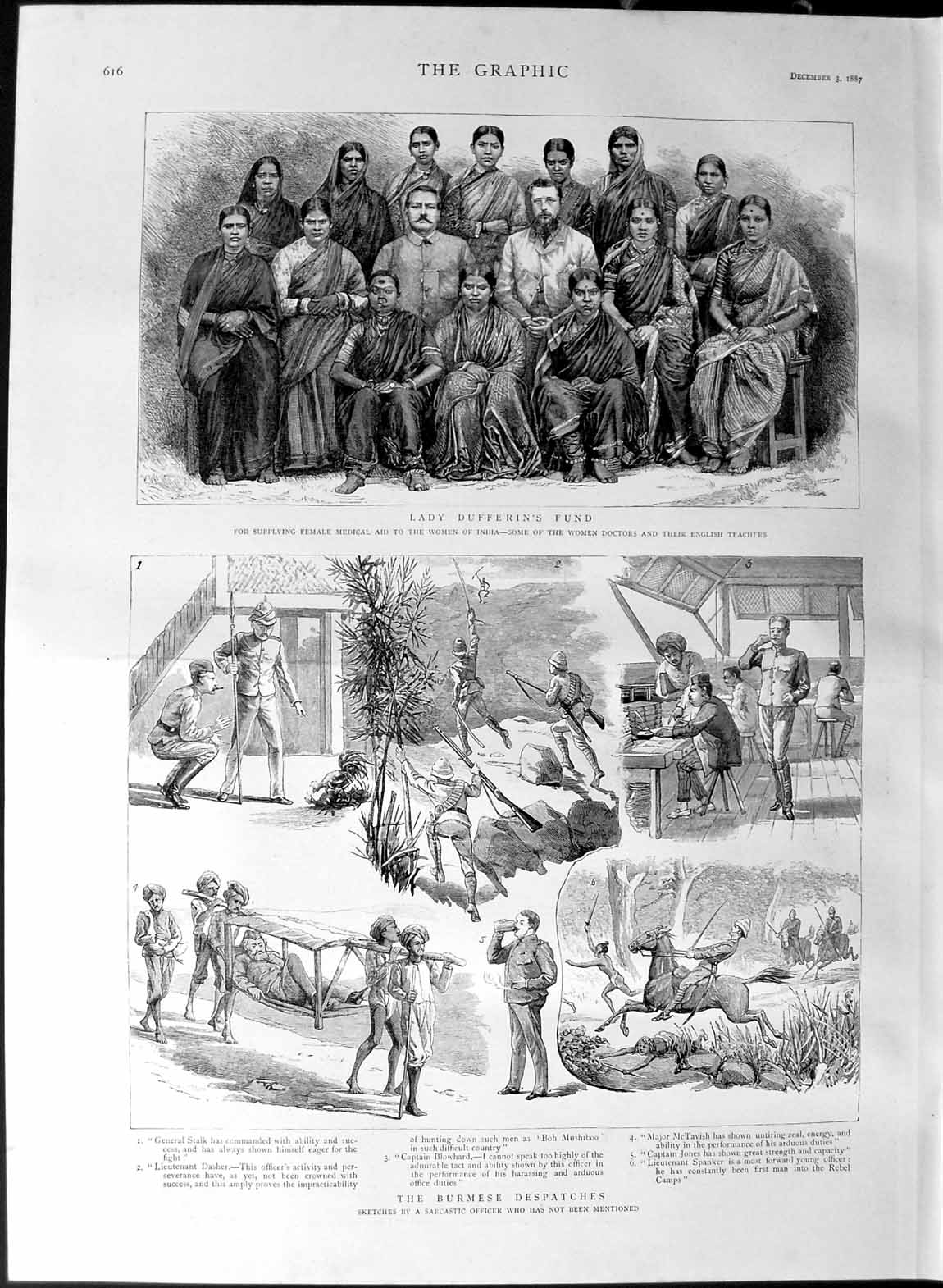 Original Old Antique Print 1887 Lady Dufferin India Doctors Burmese Siers 19th