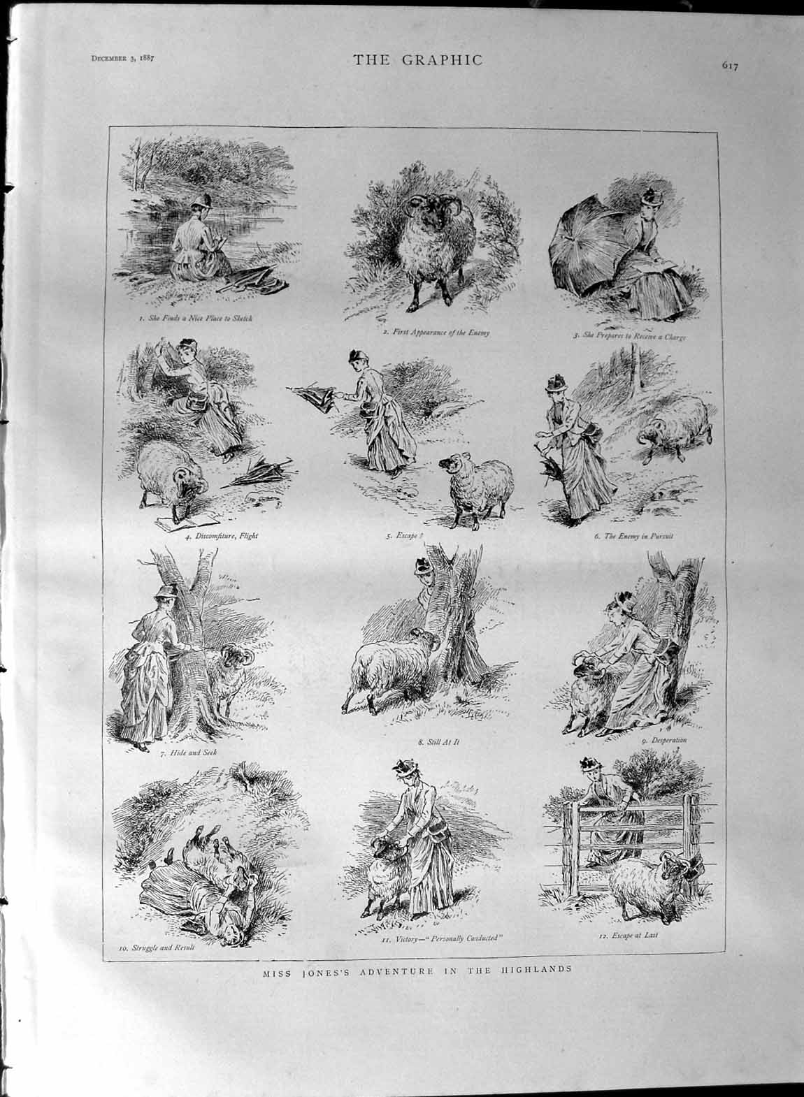Original Old Antique Print 1887 Miss Jones Adventure Highlands Scotland Sheep