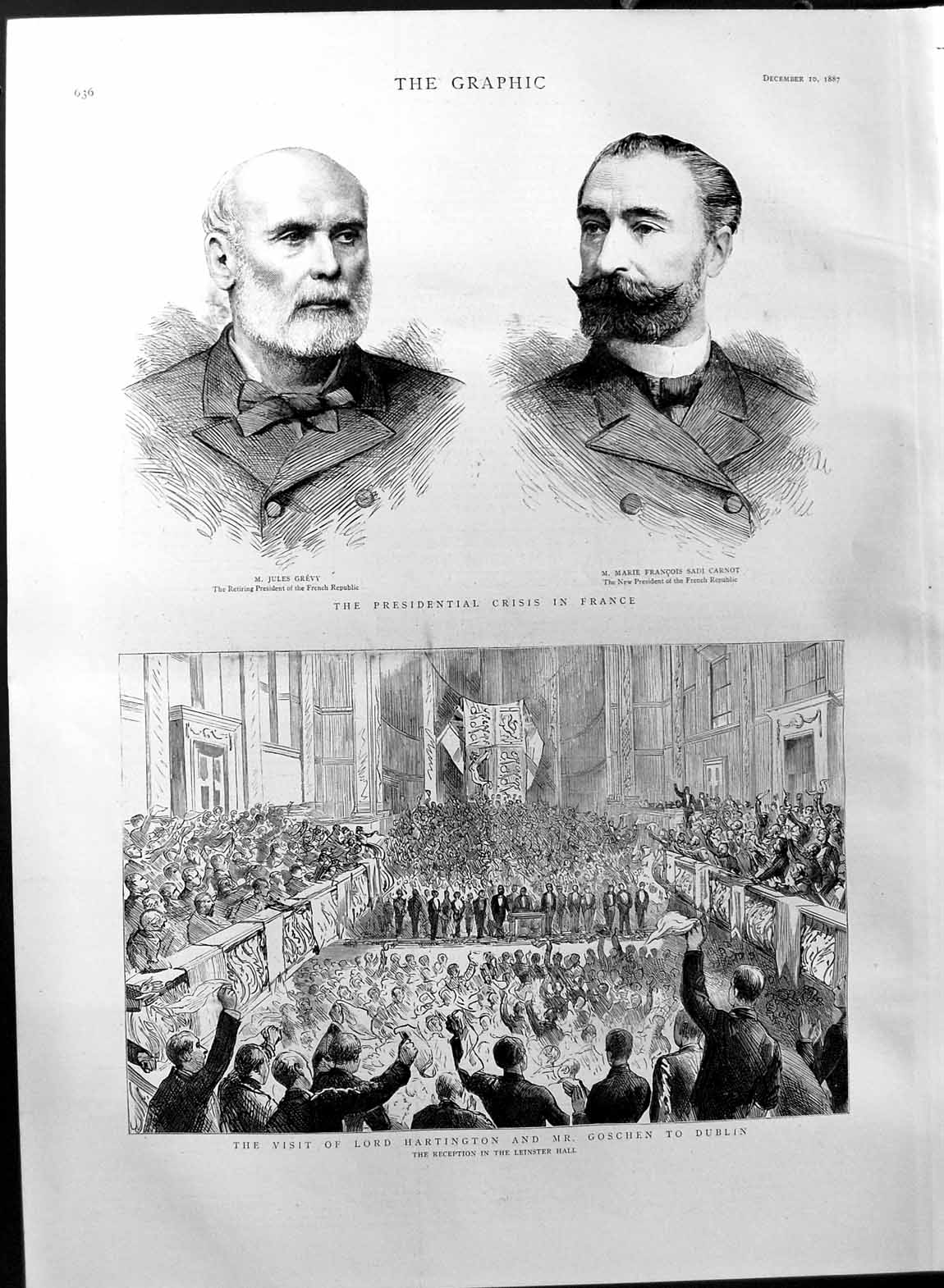 Old Antique Print 1887 Lord Hartington Goschen Dublin Grevy Carnot France 19th