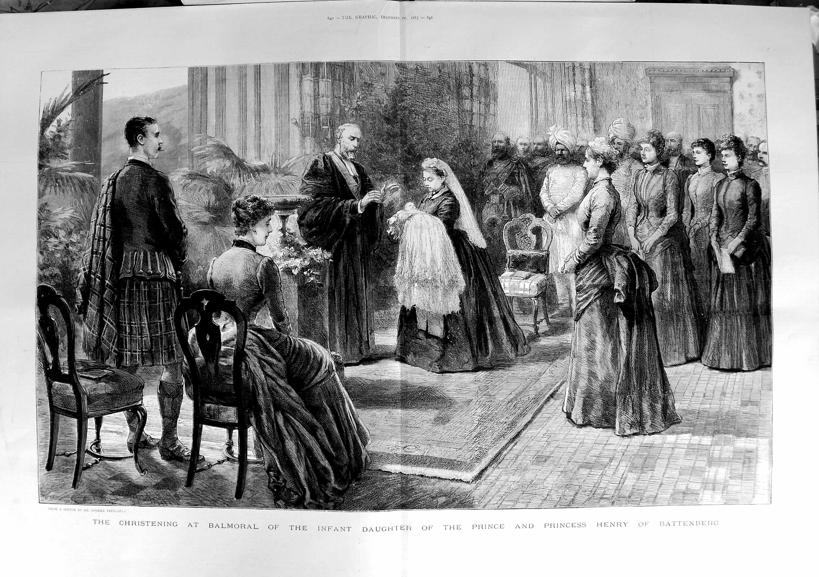 Old Antique Print 1887 Christening Balmoral Baby Daughter Princess Henry 19th