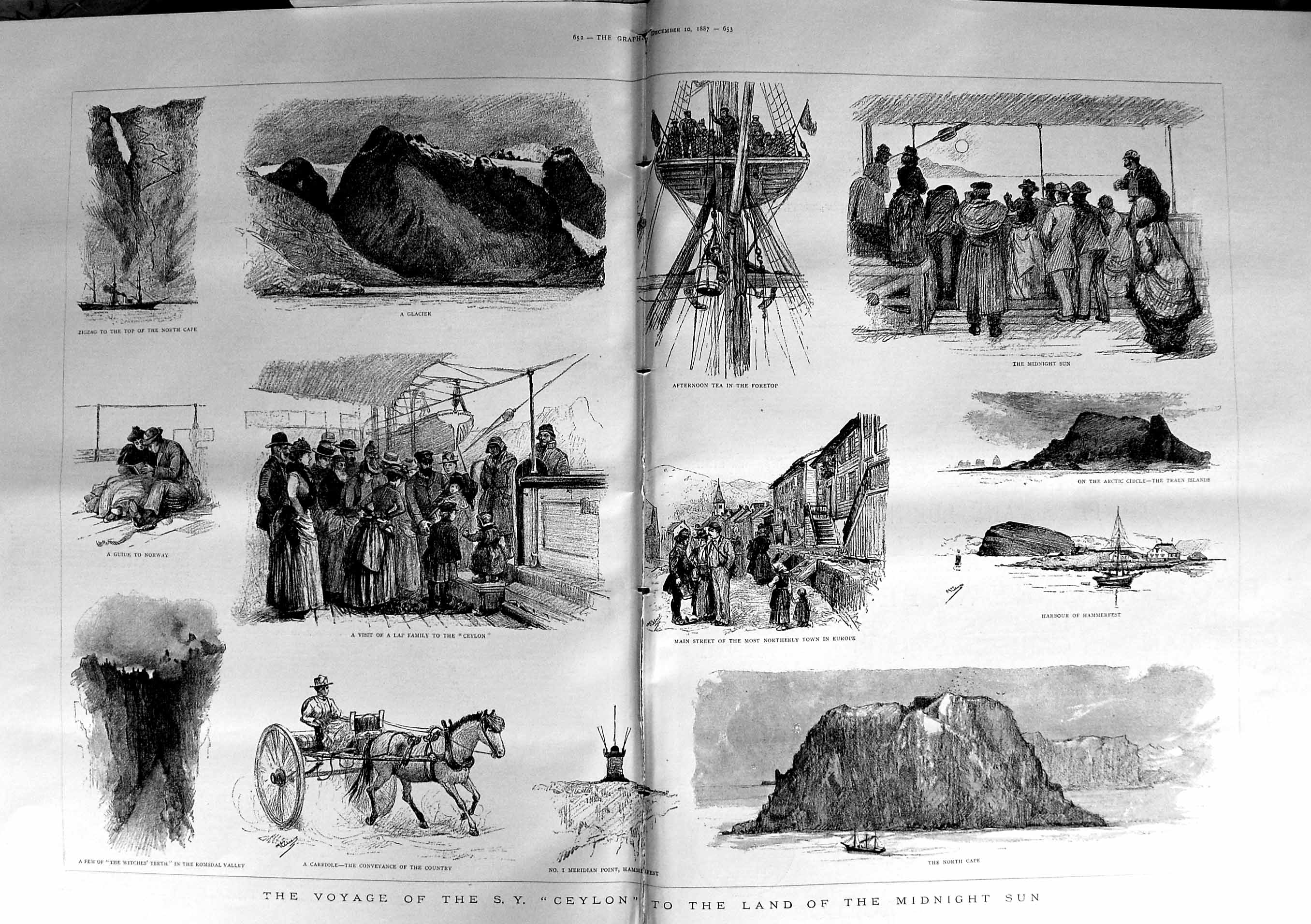 Original Old Antique Print 1887 Voyage Ships S.Y. Ceylon Glacier Traen 19th