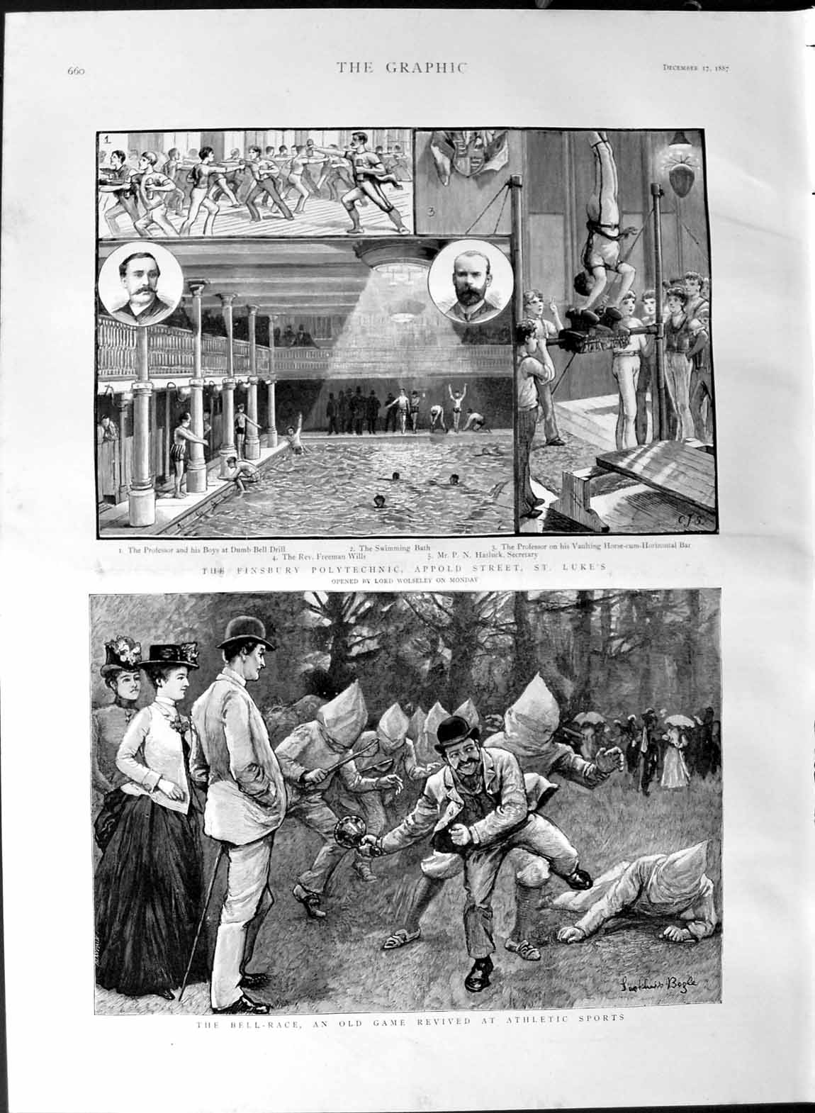 Old Antique Print 1887 Bell Race Athletics Finsbury Polytechnic St. Lukes 19th