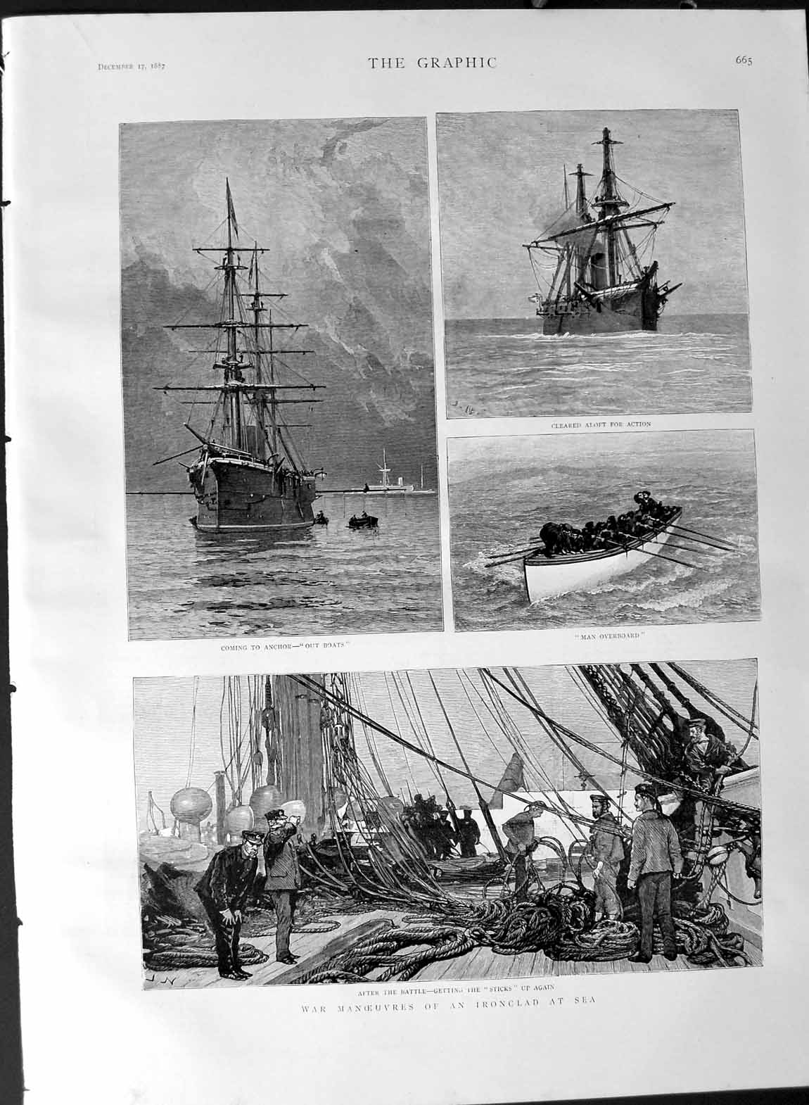 Old Antique Print 1887 War Manoeuvres Ironclad Ship Sea Sailors Fine Art 19th