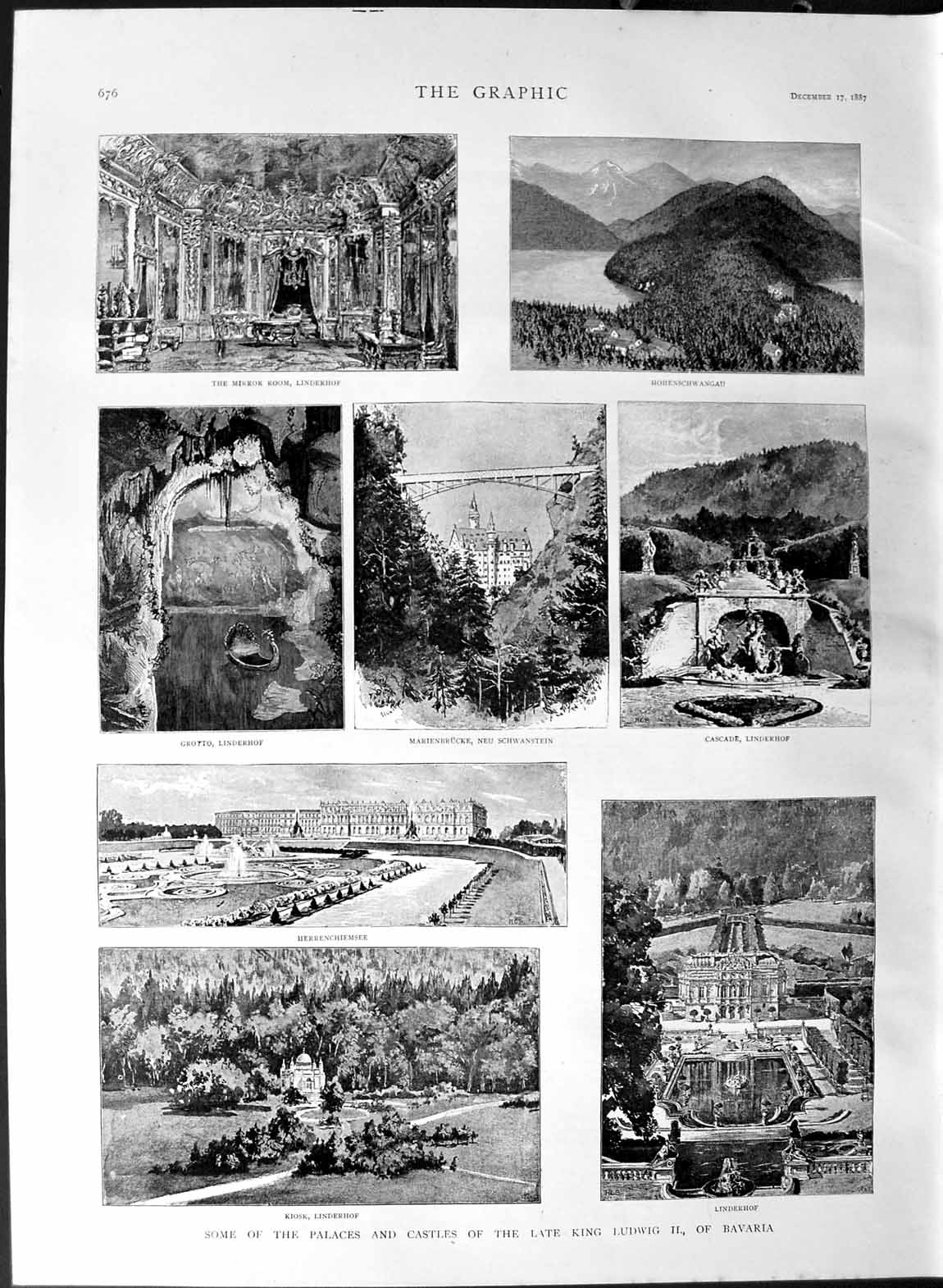 Old Antique Print 1887 Palace Castle King Ludwig Bavaria Herrenchiemsee 19th