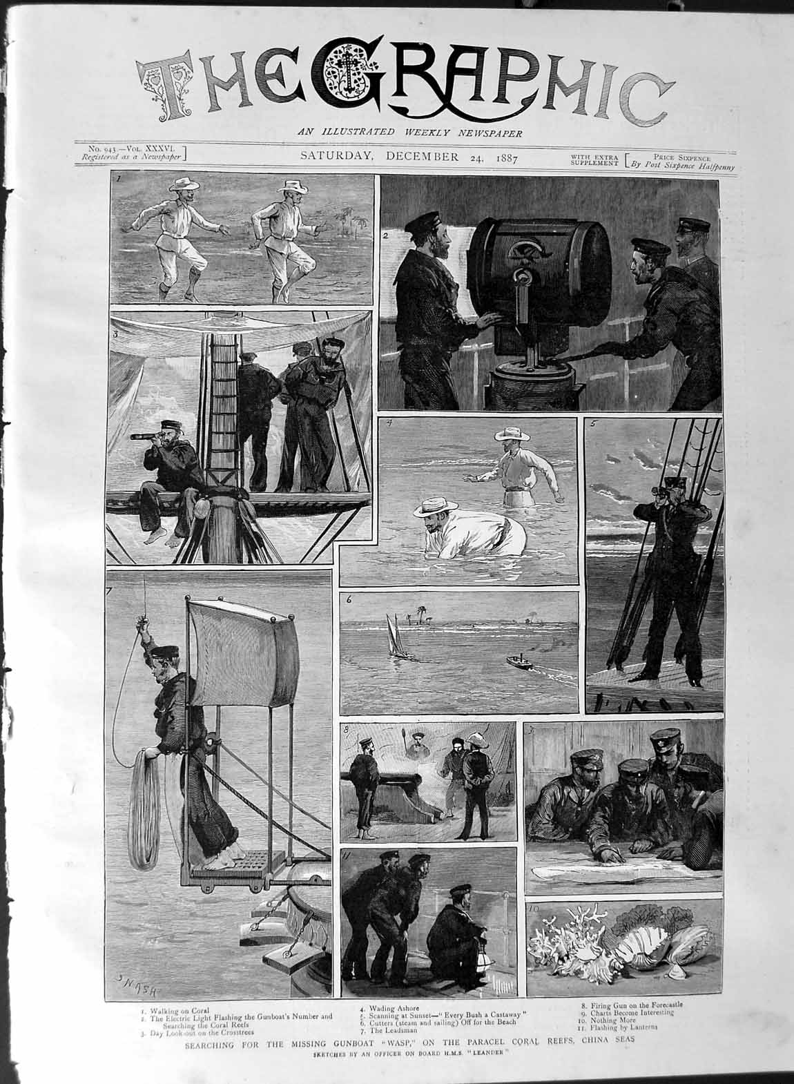Original Old Antique Print 1887 Missing Gun Boat Wasp Paracel Coral Reef 19th