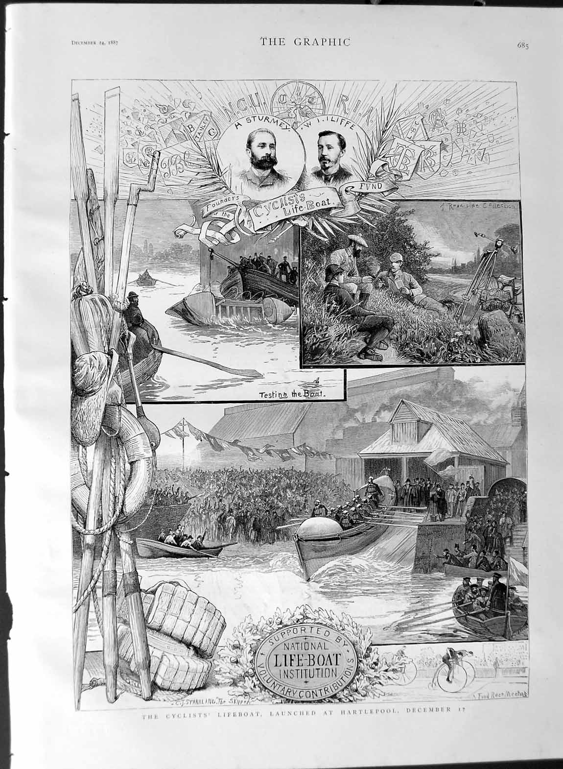 Old Antique Print 1887 Cyclists Lifeboat Hartlepool Sturmey Iliffe Sport 19th