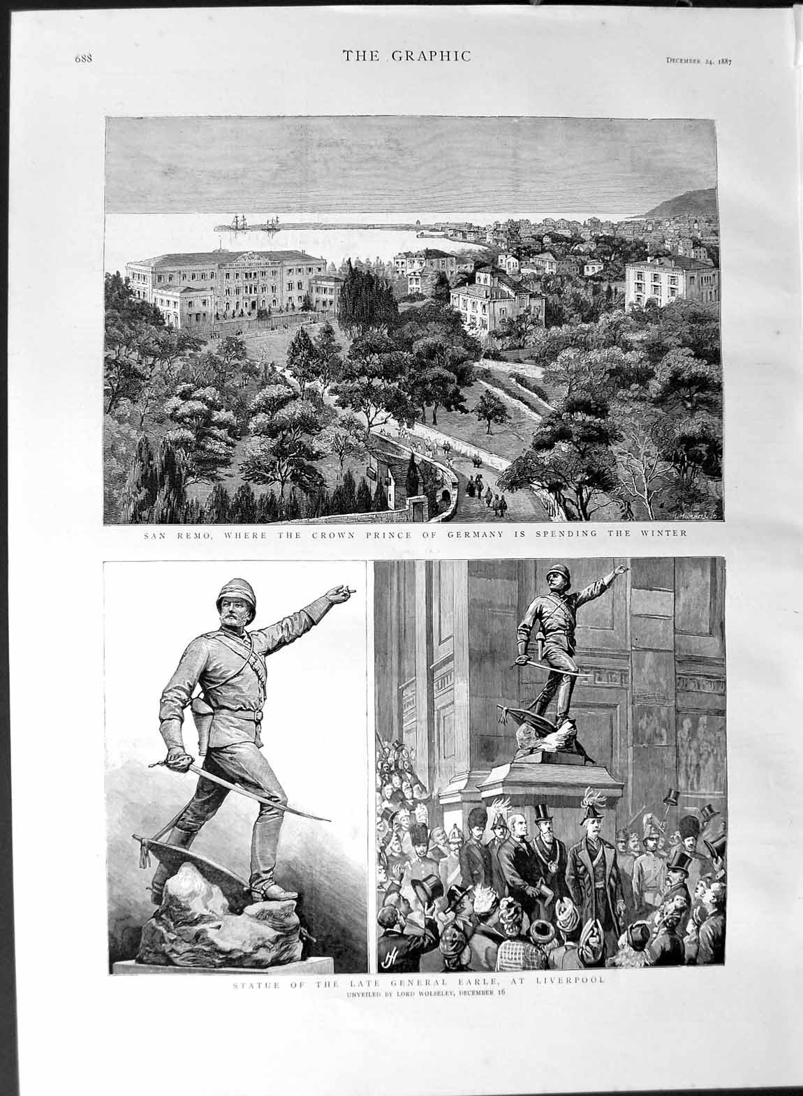 Original Old Antique Print 1887 Statue General Earle Liverpool San Remo Germany