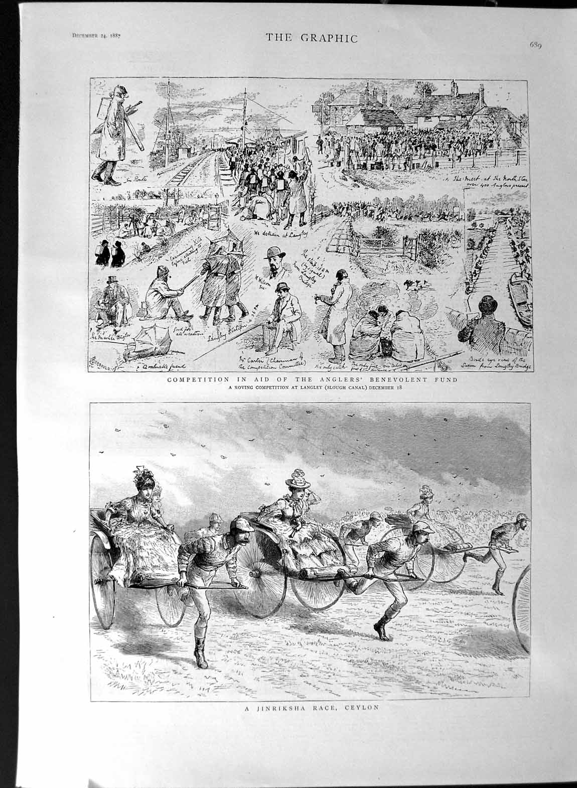 Old Antique Print 1887 Jinriksha Race Ceylon Fishing Langley Slough Canal 19th